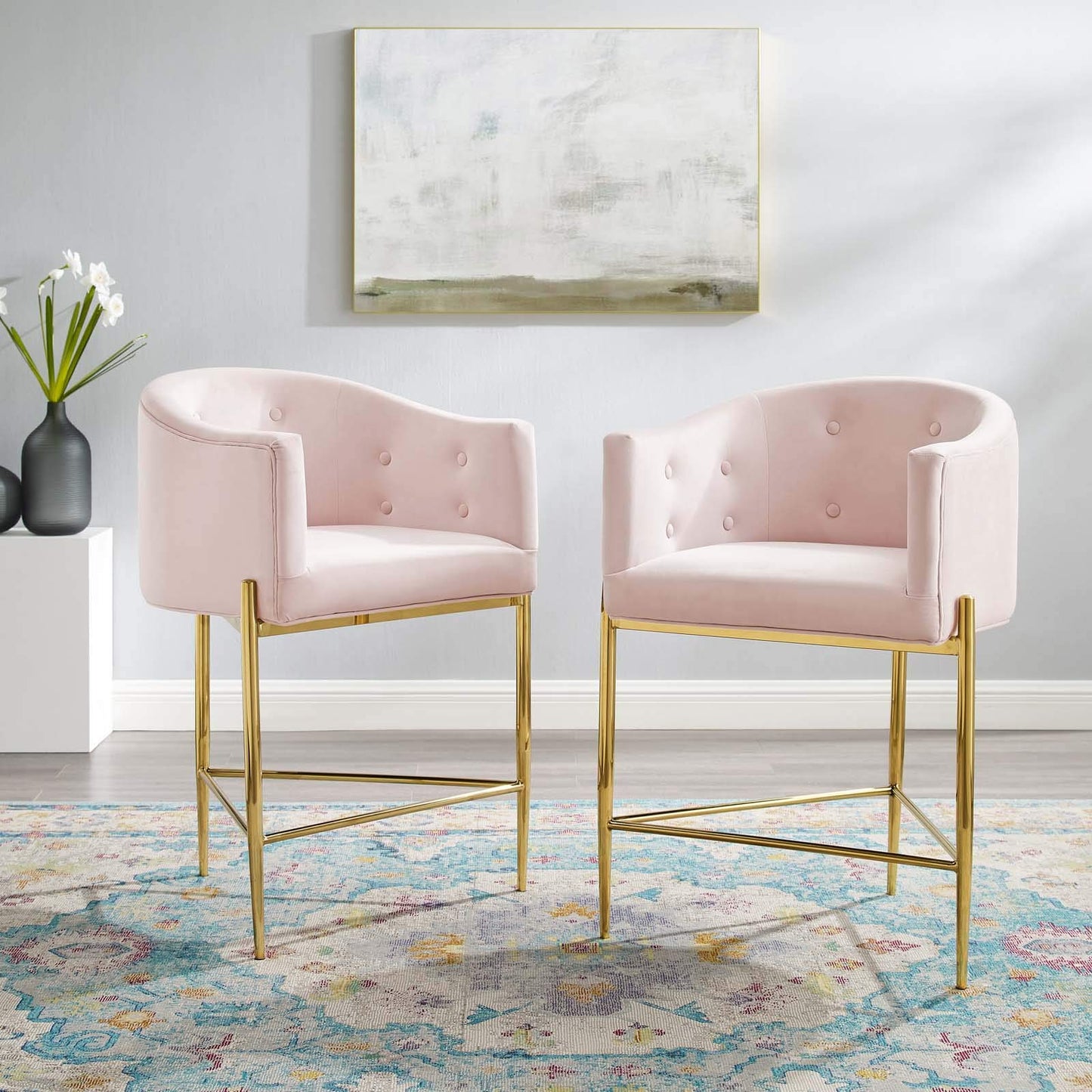 barstools | CasaFoyer Savour Tufted Performance Velvet Counter Stool Set of 2 | Elegant Design | Stain-Resistant | Comfortable Seating | Chrome Gold Frame | Pink | casafoyer.myshopify.com