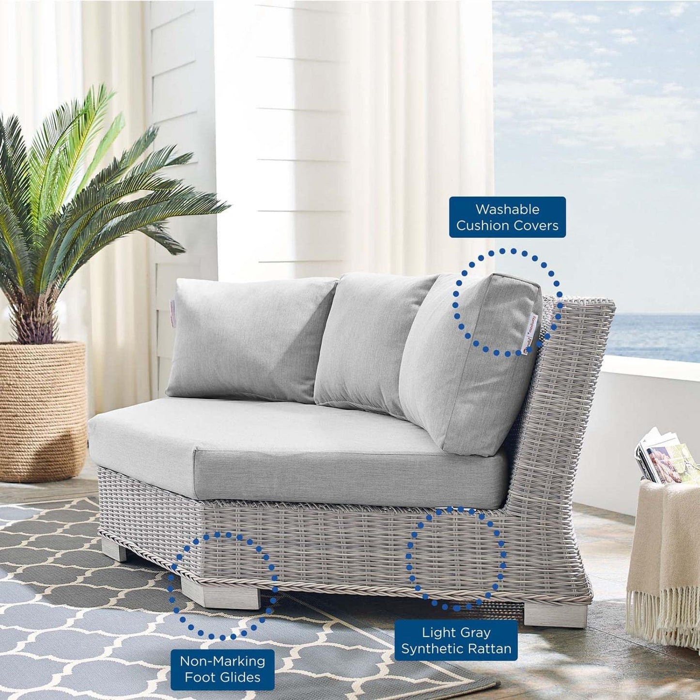 executive chairs | CasaFoyer Conway Outdoor Patio Wicker Rattan Sectional Sofa Round Corner Chair | Light Gray | UV-Resistant | Modular Design | Sunbrella Fabric | 600 lbs Weight Capacity | casafoyer.myshopify.com