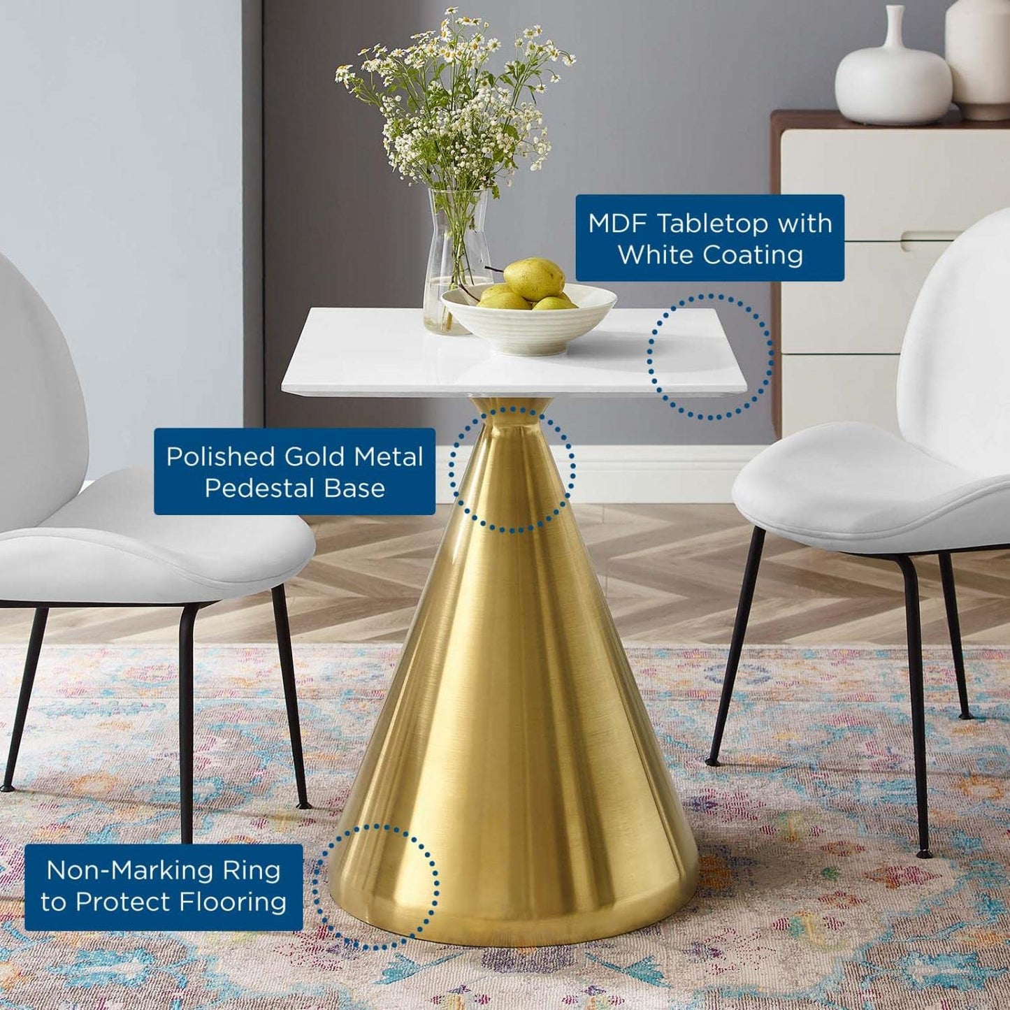 patio dining tables | CasaFoyer Tupelo 24 Square Dining Table | Modern Style with Mid-Century Charm | Sturdy Gold Metal Base | Easy-to-Clean White Coating | Non-Marking Ring | Assembly Required | casafoyer.myshopify.com