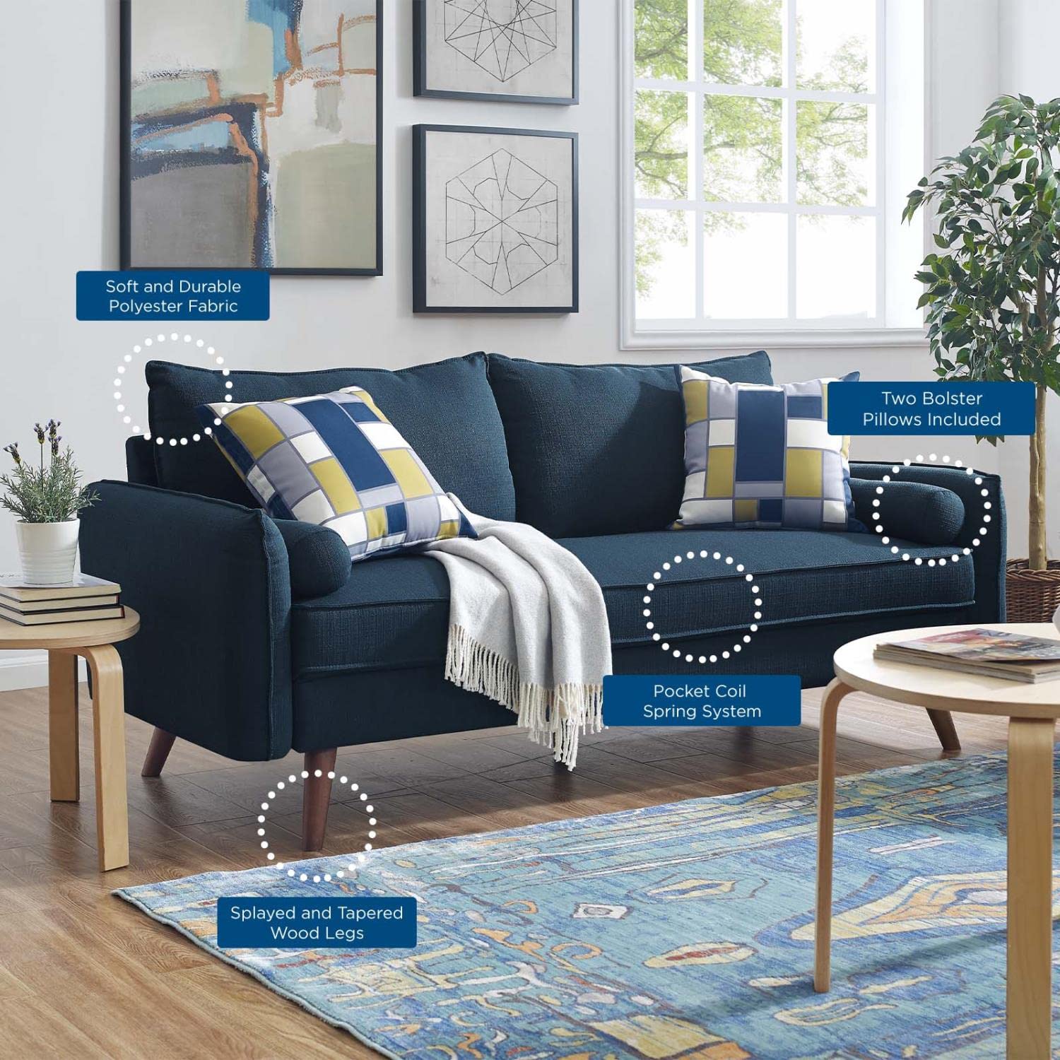 sofas | Revive | Cozy Sofa with Bolster Pillows | Azure | Splayed Wood Legs | Compact Shipping | Ultimate Lounging Haven | casafoyer.myshopify.com