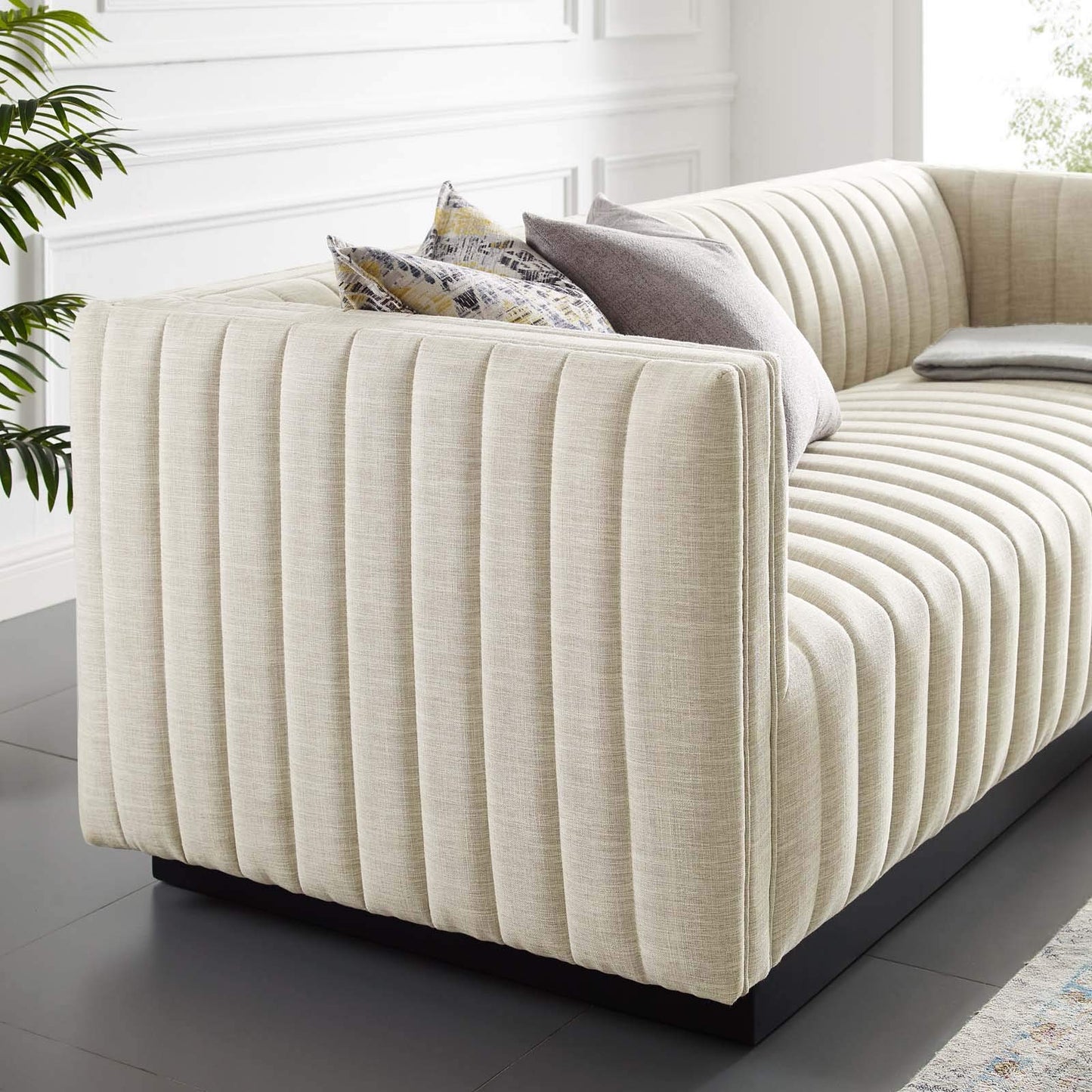 sofas | CasaFoyer Conjure Channel Tufted Fabric Upholstered Sofa | Luxurious Glam Deco Style | Retro Modern Charm | Comfortable Seating | Matte Black Wooden Base | casafoyer.myshopify.com