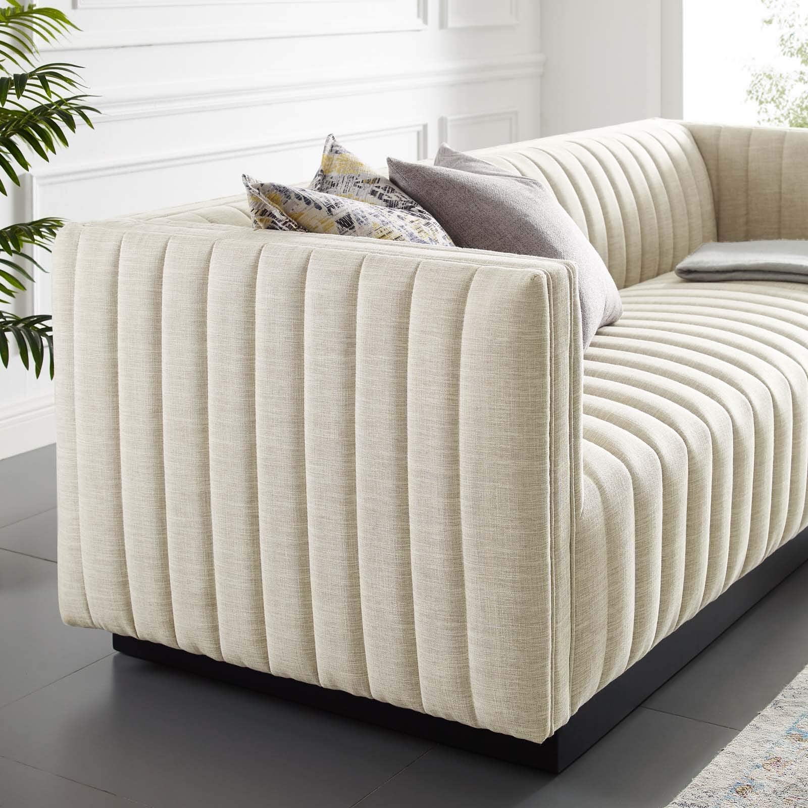 sofas | CasaFoyer Conjure Channel Tufted Fabric Upholstered Sofa | Luxurious Glam Deco Style | Retro Modern Charm | Comfortable Seating | Matte Black Wooden Base | casafoyer.myshopify.com
