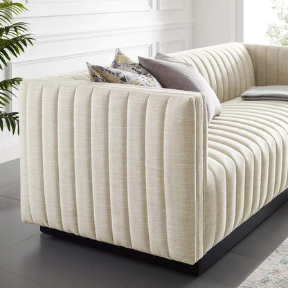 sofas | CasaFoyer Conjure Channel Tufted Fabric Upholstered Sofa | Luxurious Glam Deco Style | Retro Modern Charm | Comfortable Seating | Matte Black Wooden Base | casafoyer.myshopify.com