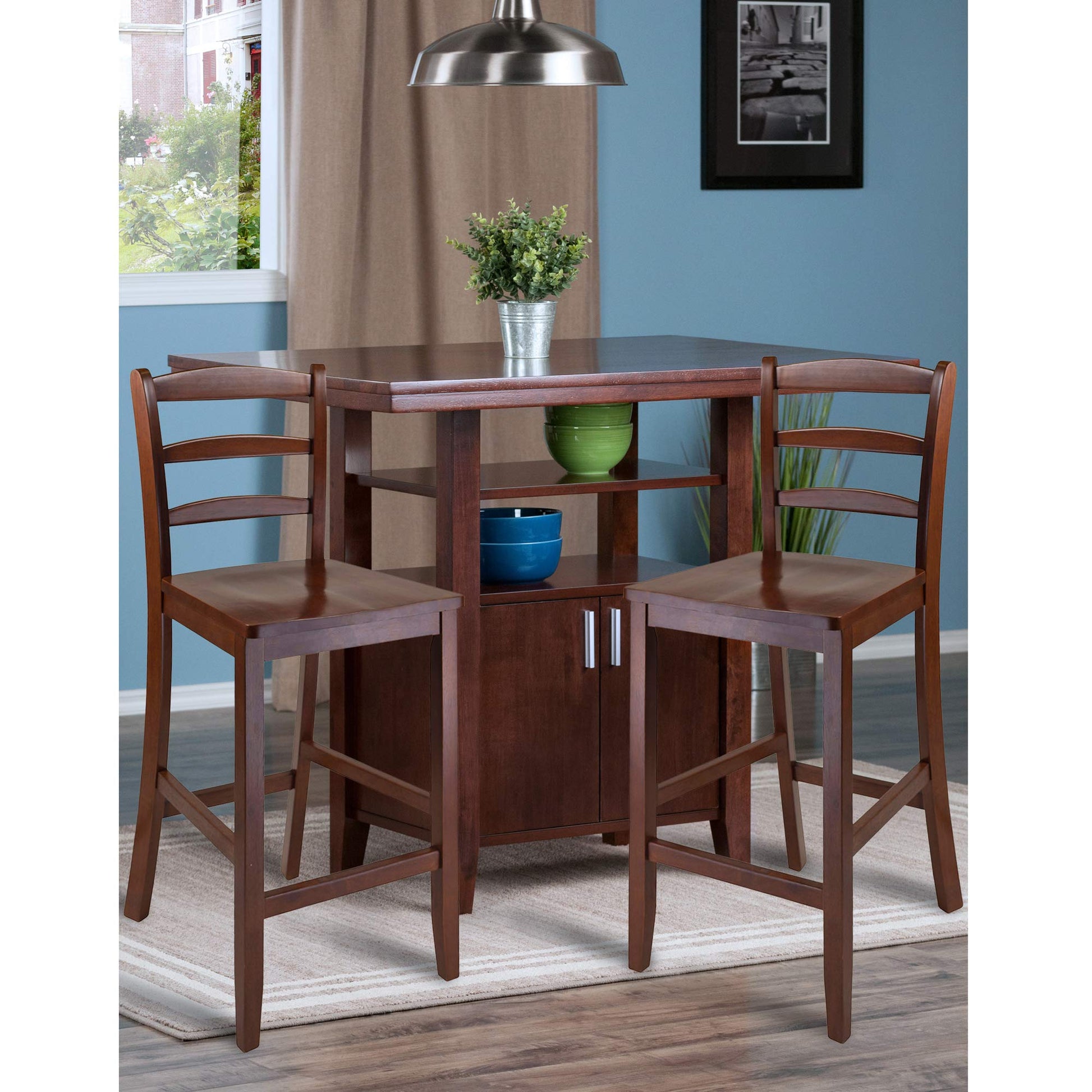 childrens table and chair sets | CasaFoyer Albany 3-Piece High Table Set | Solid Wood | Walnut Finish | Storage Cabinet | Display Shelves | Ladder Back Stools | Assembly Required | casafoyer.myshopify.com