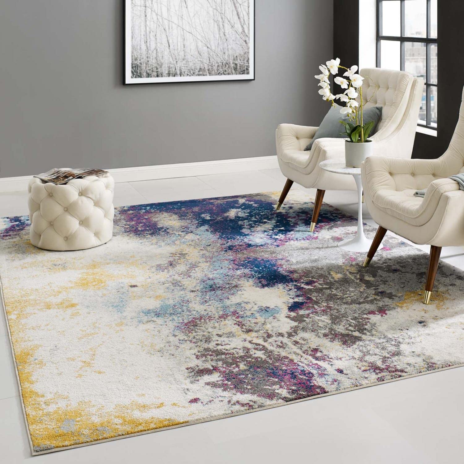 Carpet & Rugs | CasaFoyer Entourage Adeline Contemporary Modern Abstract Area Rug | 8x10 | Blue/Gray/Yellow/Ivory/Pink | Durable Frise Polypropylene | Non-Shedding | Stain Resistant | casafoyer.myshopify.com
