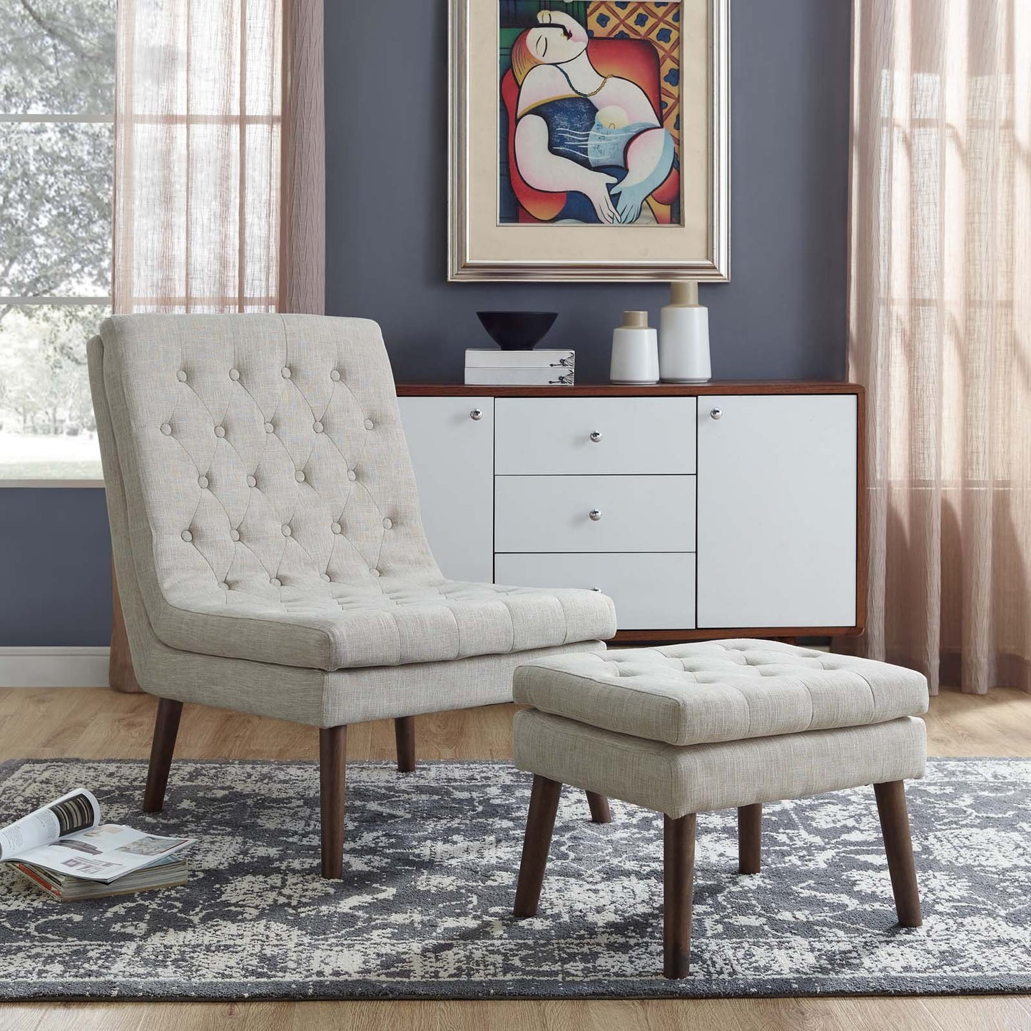 home office desk chairs | CasaFoyer Modify Upholstered Lounge Chair & Ottoman Set | Beige | Generously Padded | High-Density Foam | Tufted Buttons | Polyester Upholstery | Angled Wood Dowel Legs | Foot Pads | Supports up to 331 lbs | Luxury & Style | casafoyer.myshopify.com