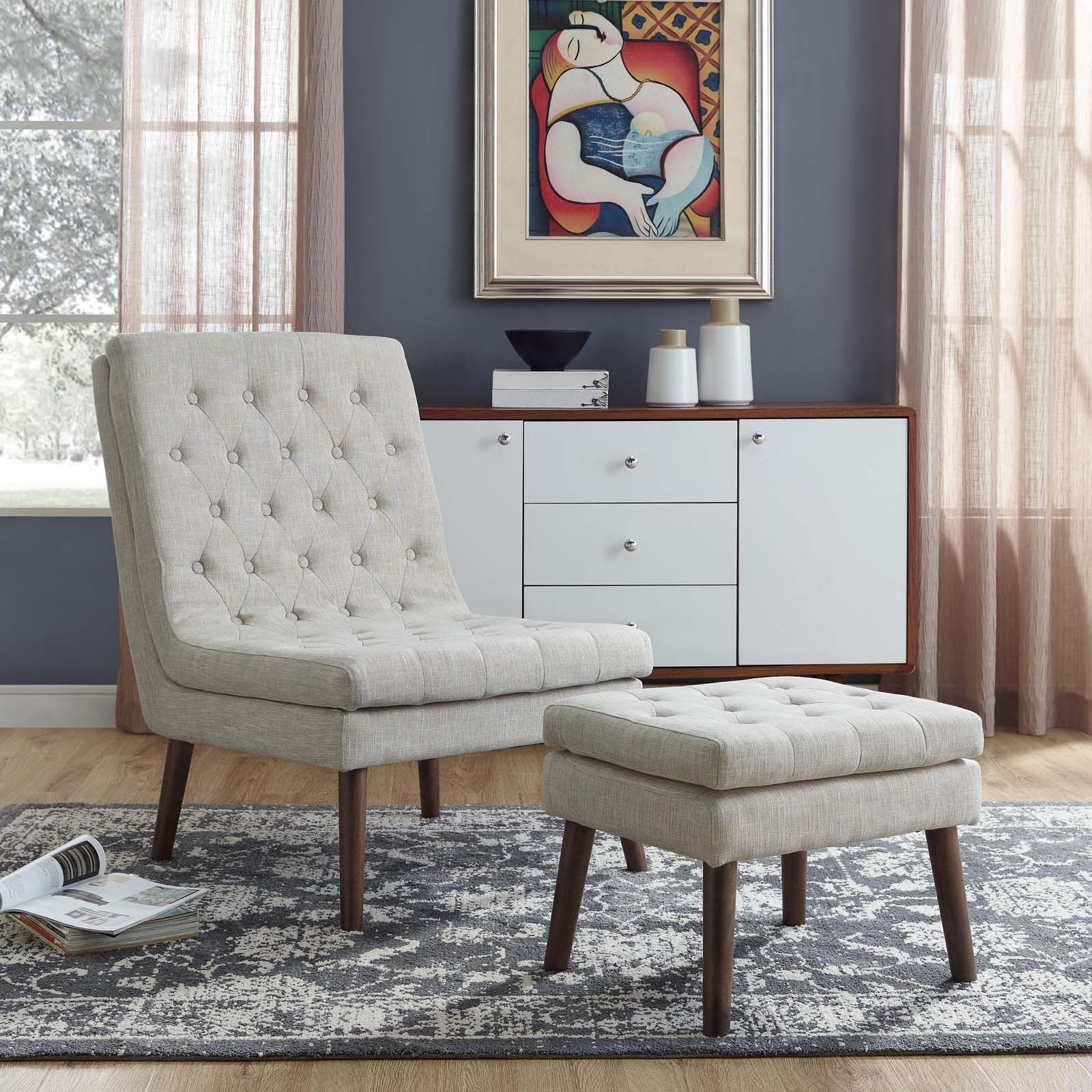 home office desk chairs | CasaFoyer Modify Upholstered Lounge Chair & Ottoman Set | Beige | Generously Padded | High-Density Foam | Tufted Buttons | Polyester Upholstery | Angled Wood Dowel Legs | Foot Pads | Supports up to 331 lbs | Luxury & Style | casafoyer.myshopify.com