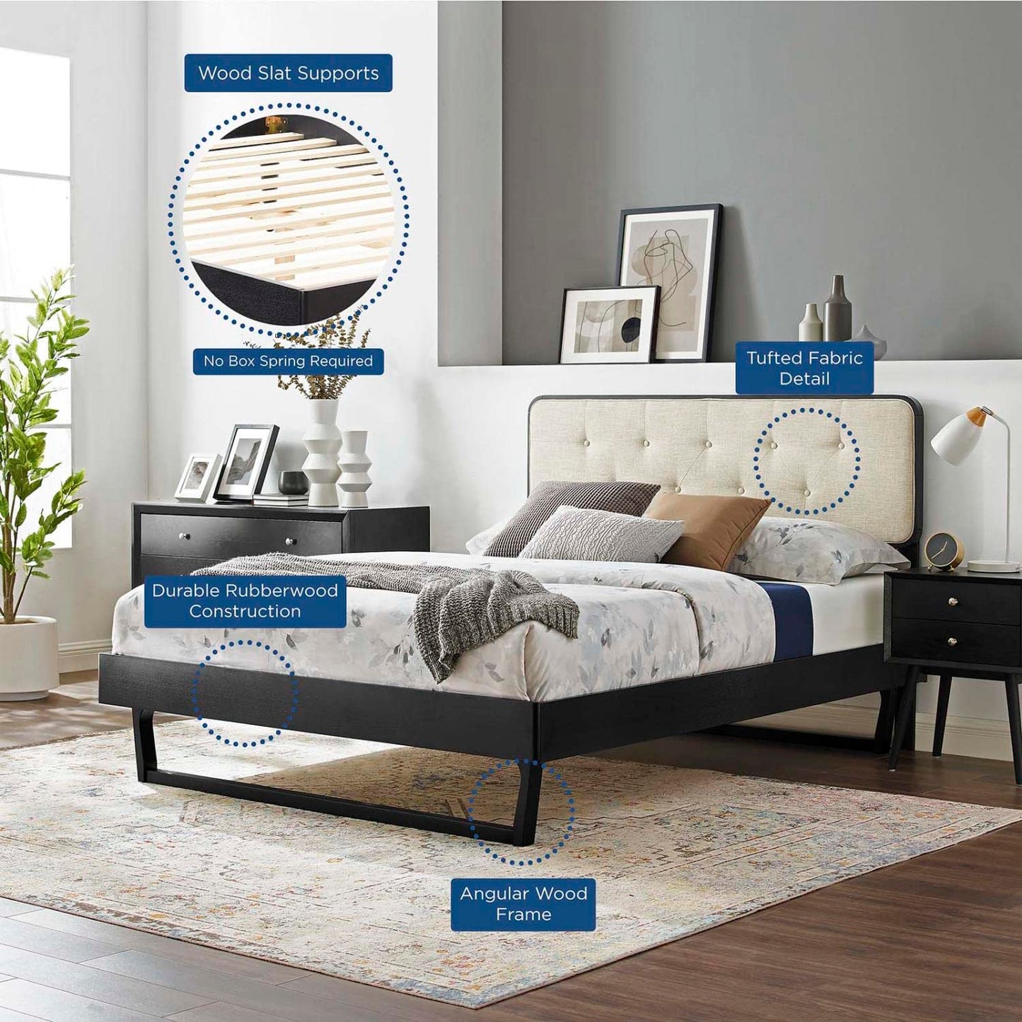 Bed | CasaFoyer Bridgette Tufted Wood Queen Platform Bed | Modern Retro Style | Durable Wood Frame | No Box Spring Needed | Easy Assembly | Black Beige | casafoyer.myshopify.com