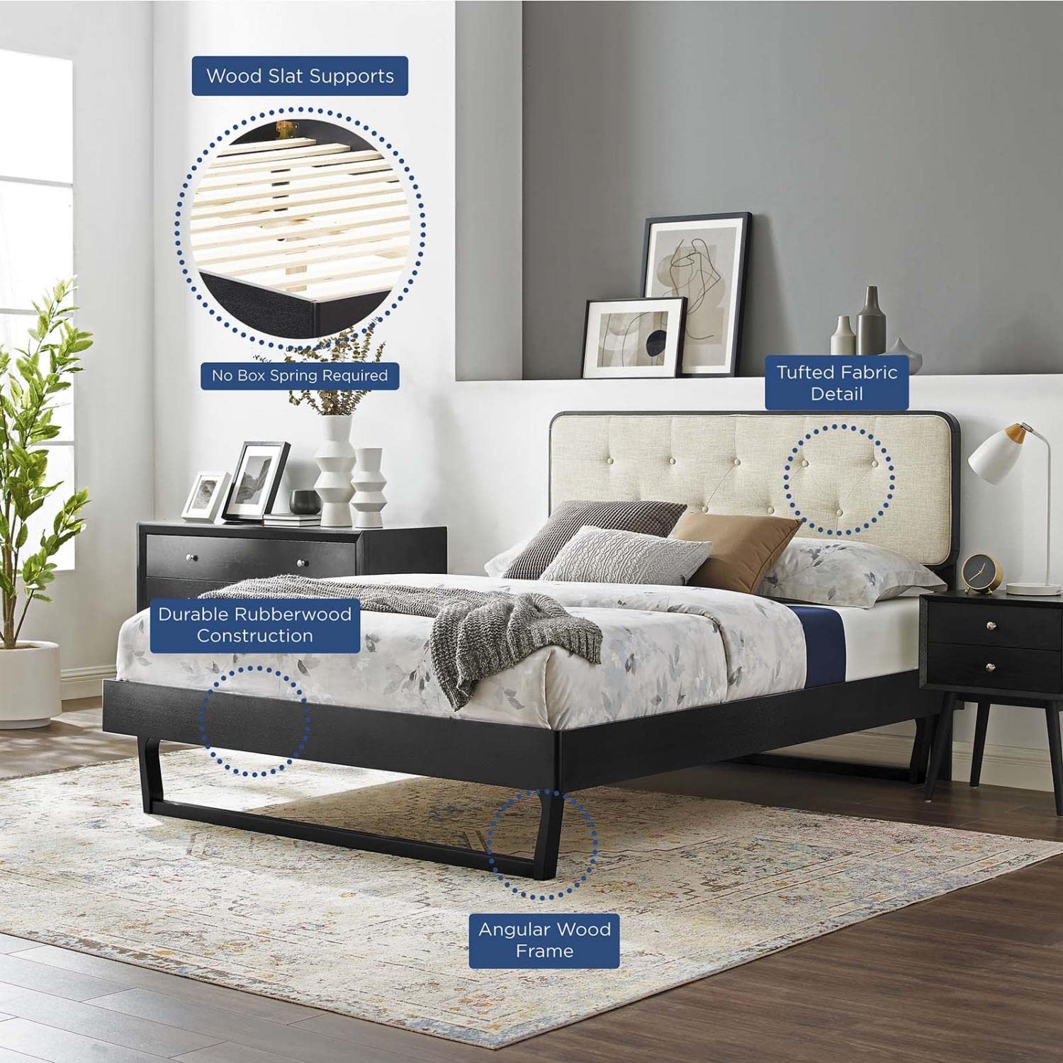 Bed | CasaFoyer Bridgette Tufted Wood Queen Platform Bed | Modern Retro Style | Durable Wood Frame | No Box Spring Needed | Easy Assembly | Black Beige | casafoyer.myshopify.com