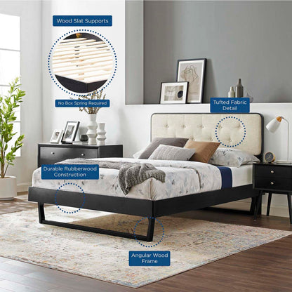 Bed | CasaFoyer Bridgette Tufted Wood Queen Platform Bed | Modern Retro Style | Durable Wood Frame | No Box Spring Needed | Easy Assembly | Black Beige | casafoyer.myshopify.com