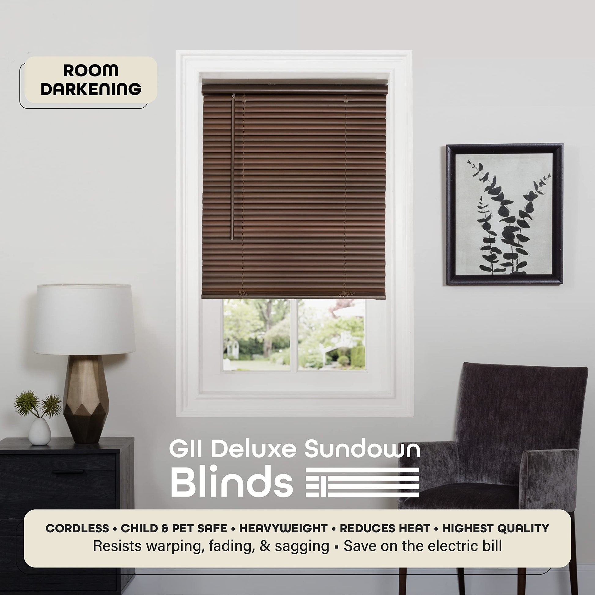 window treatment horizontal blinds | CasaFoyer Cordless GII Deluxe Sundown 1 Blind | Room Darkening | PVC | Tilt Wand | Cordless Lift | Easy Installation | 29x64 Mahogany | casafoyer.myshopify.com