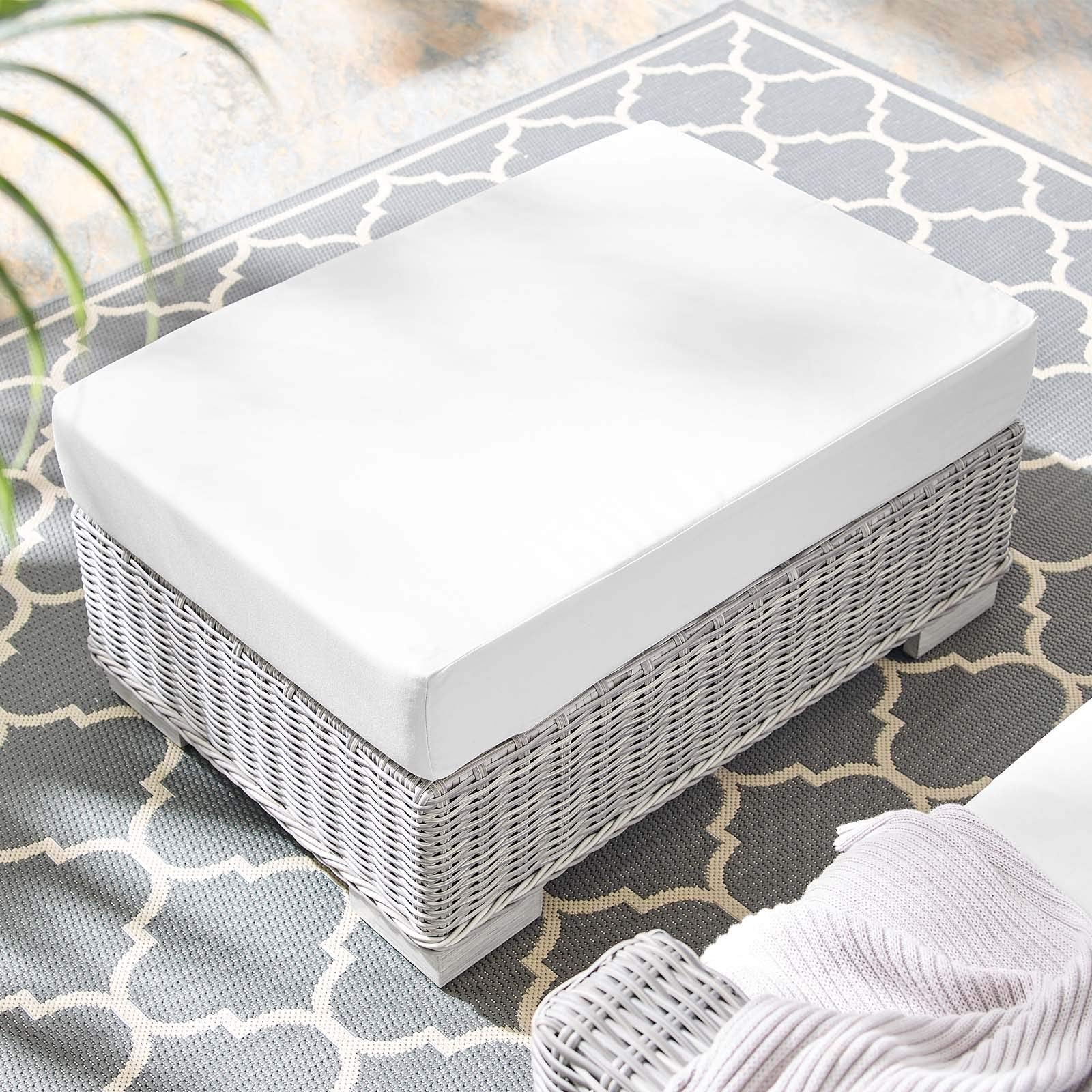 ottomans | CasaFoyer Conway Outdoor Patio Wicker Rattan Ottoman | UV-Resistant | Water-Resistant | Durable | Comfortable Seating | Light Gray | casafoyer.myshopify.com