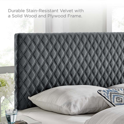 Bed | CasaFoyer Angela Tufted Diamond Lattice Performance Velvet Full/Queen Headboard | Stain-Resistant Upholstery | Adjustable Height | Charcoal | casafoyer.myshopify.com
