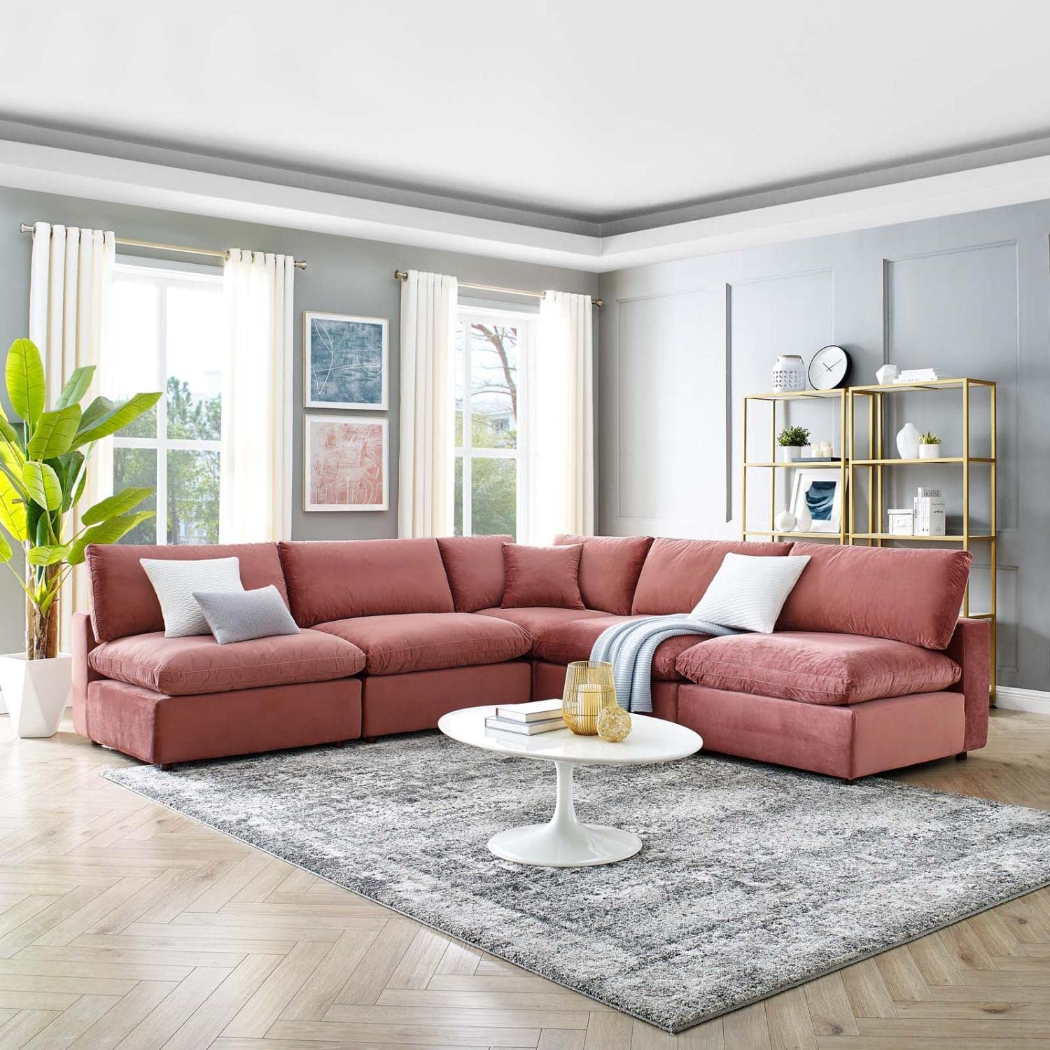 kitchen and dining room sets | CasaFoyer Commix Sectional Sofa | Luxury Velvet Upholstery | Foam Padded | Duck Down Cushions | 4 Armless Chairs + 1 Corner Chair | Dusty Rose | casafoyer.myshopify.com