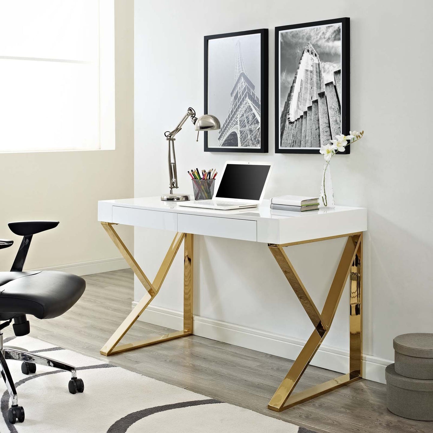 home office desks | Ergode Adjacent Desk | Modern Style | Dual Drawers | Ample Storage Space | White Gold Finish | Contemporary Workspaces | casafoyer.myshopify.com