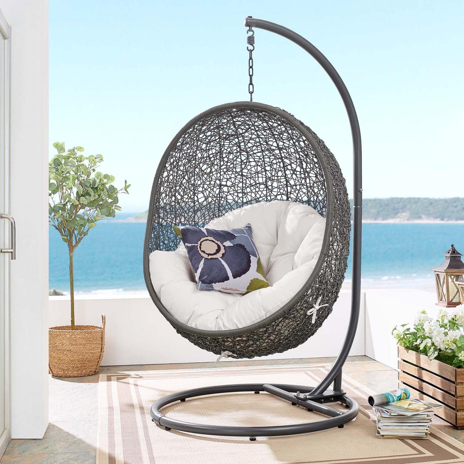 porch swings | Ergode Hide Swing Chair with Stand | Synthetic Rattan | Sunbrella Cushion | Powder-Coated Steel Frame | Weather & UV Resistant | Perfect for Patio, Backyard, Porch, Poolside | Indoor Lounge, Living, Bedroom | Gray White | casafoyer.myshopify.com