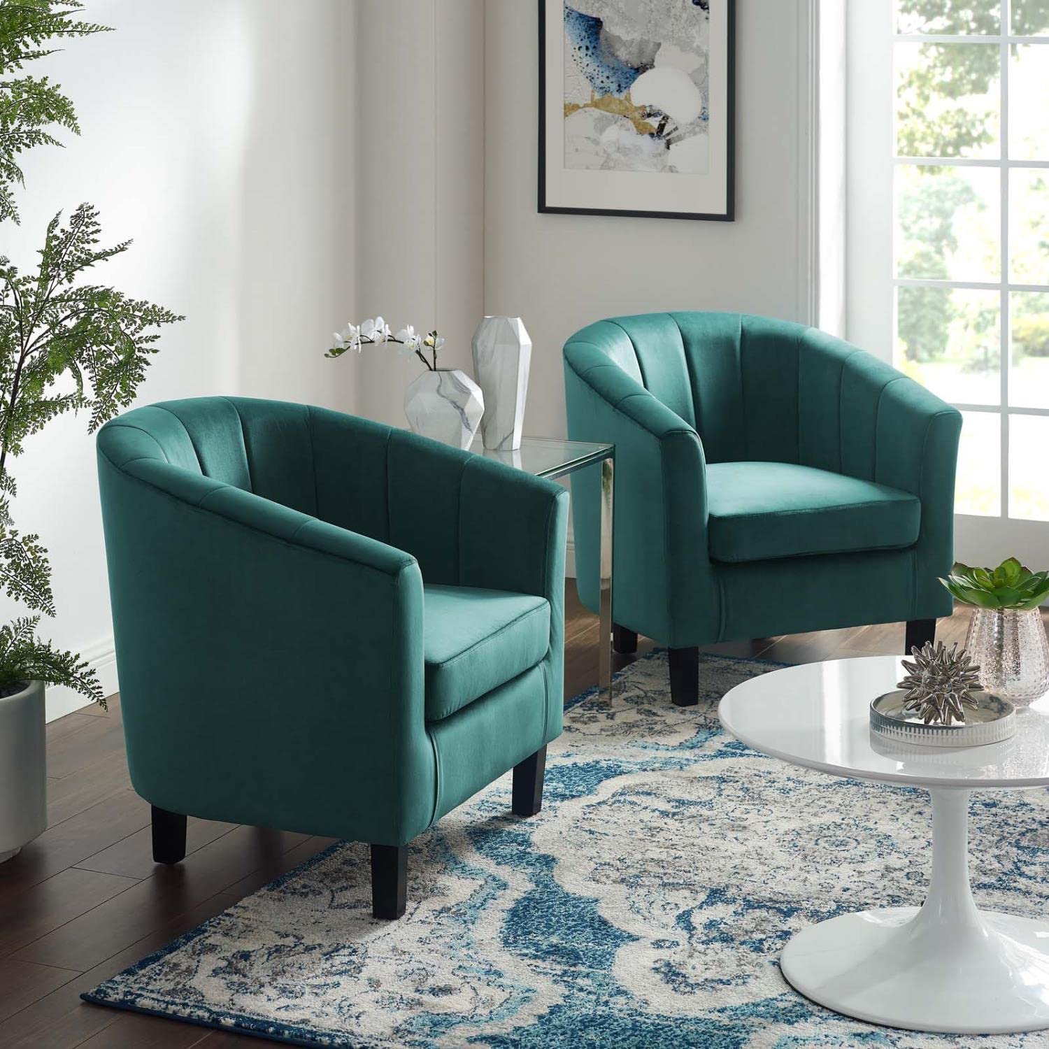 home office desk chairs | CasaFoyer Prospect Performance Velvet Armchair Set of 2 | Stain-Resistant | Channel Tufted | Retro Modern Design | Teal | casafoyer.myshopify.com