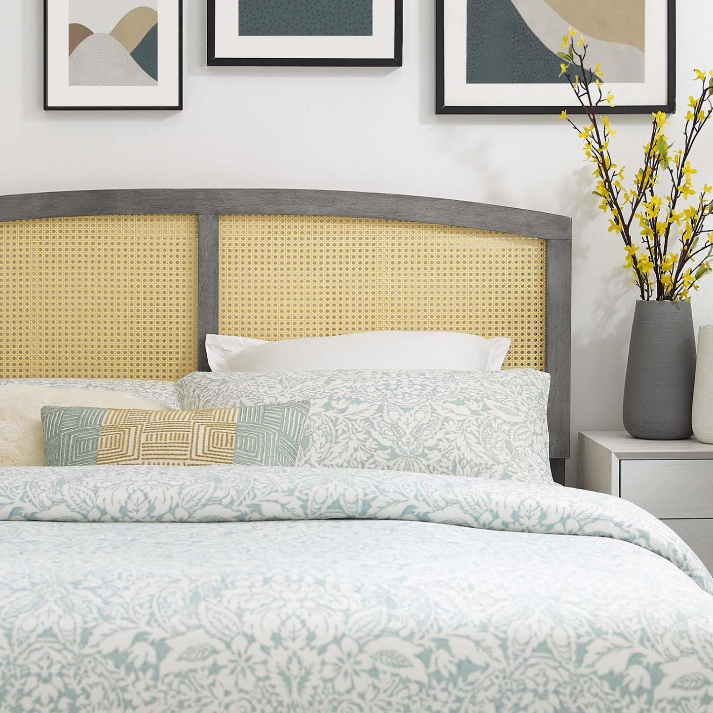 Bed | CasaFoyer Halcyon Cane Woven Rattan Queen Headboard | Serene Island Vibe | Mid-Century Modern Design | Natural Wood Frame | Durable Rubberwood | Gray | casafoyer.myshopify.com