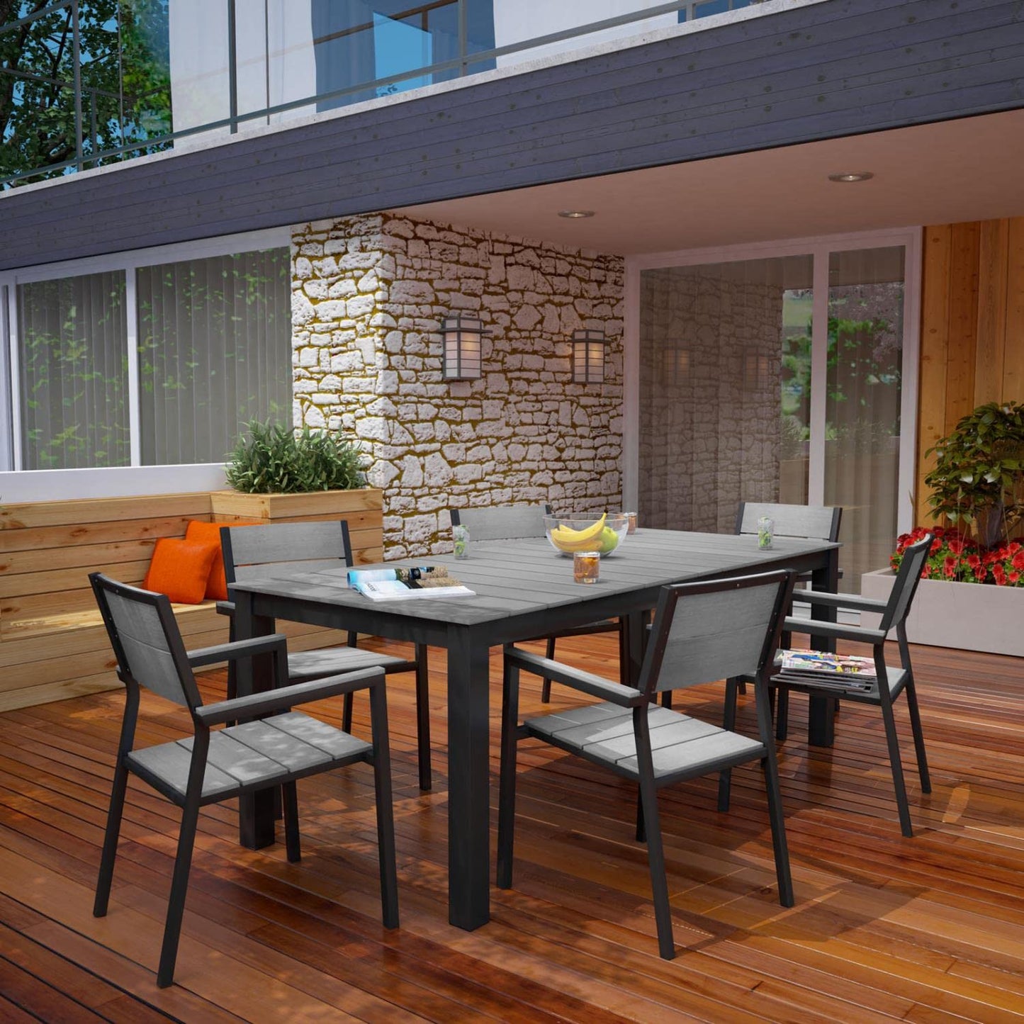 Patio Furniture Sets | Maine Outdoor Patio Dining Furniture Collection | Synthetic Wood Grain Plank Boards | Powder-Coated Aluminum Frame | 7 Piece Set | casafoyer.myshopify.com