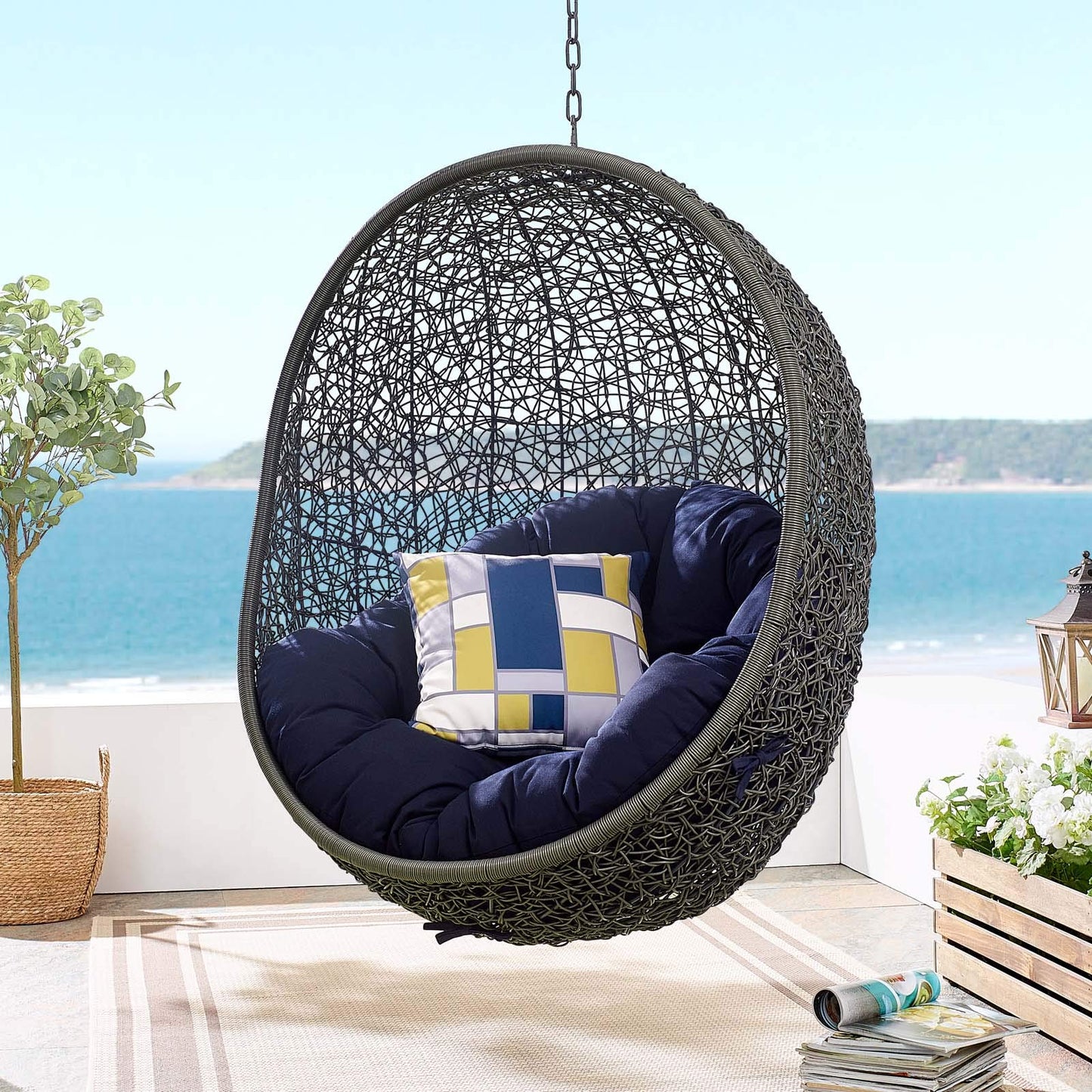 porch swings | Ergode Hide Outdoor Patio Swing Chair | Tranquil Island Escape | Synthetic Rattan Weave | Sunbrella Cushion | Powder-Coated Steel Frame | Adjustable Chain | Indoor/Outdoor Lounge Furniture | UV Resistant | Gray Navy | casafoyer.myshopify.com
