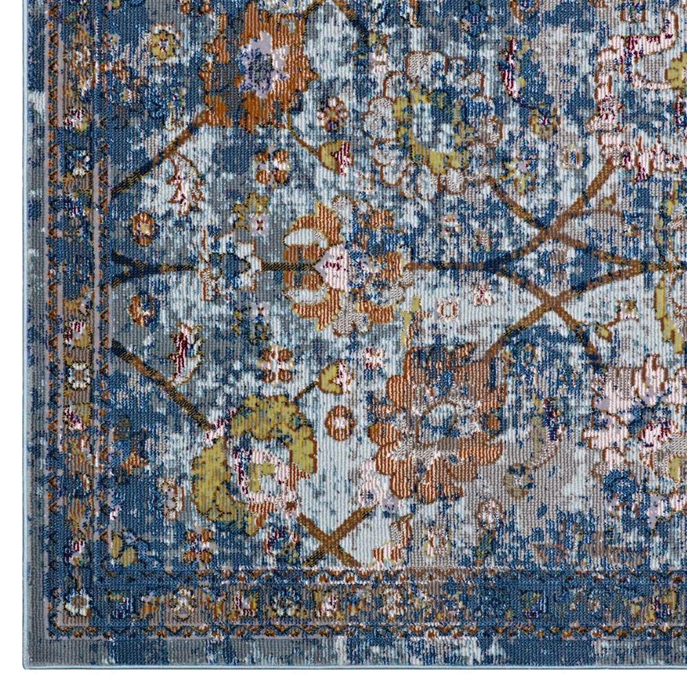 Carpet & Rugs | CasaFoyer Minu Distressed Floral Lattice Area Rug | Durable Polypropylene | Elegant Design | Rubber Bottom | Low Pile Weave | Non-Shedding | Stain Resistant | 5x8 Size | Blue Gray, Yellow, Orange | casafoyer.myshopify.com