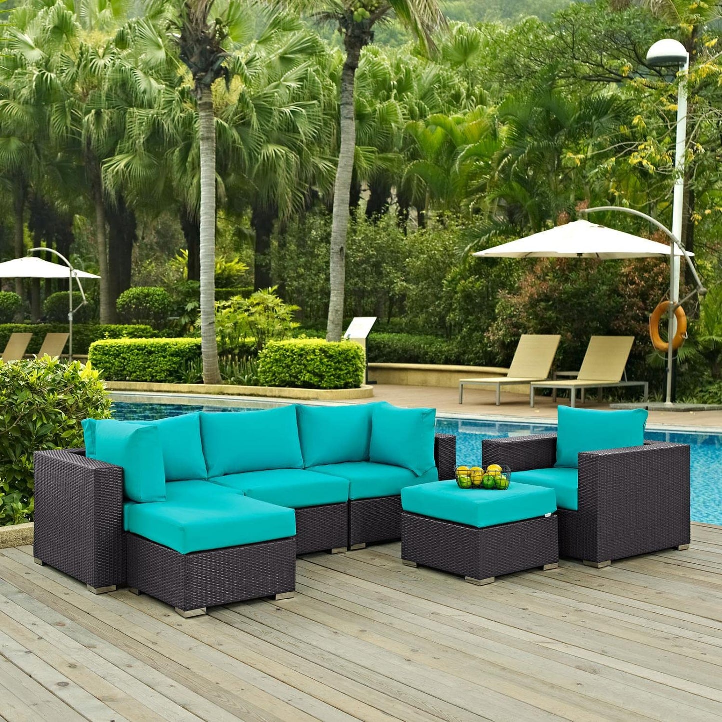 kitchen and dining room sets | CasaFoyer Convene Outdoor Sectional Set | Synthetic Rattan | Aluminum Frame | All-Weather Cushions | Patio Sofa, Armchair, Corner, Ottoman | Espresso Turquoise | casafoyer.myshopify.com