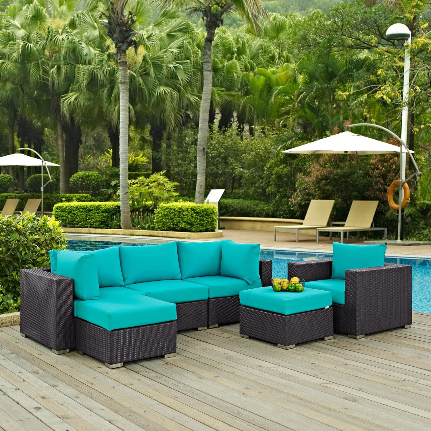 kitchen and dining room sets | CasaFoyer Convene Outdoor Sectional Set | Synthetic Rattan | Aluminum Frame | All-Weather Cushions | Patio Sofa, Armchair, Corner, Ottoman | Espresso Turquoise | casafoyer.myshopify.com