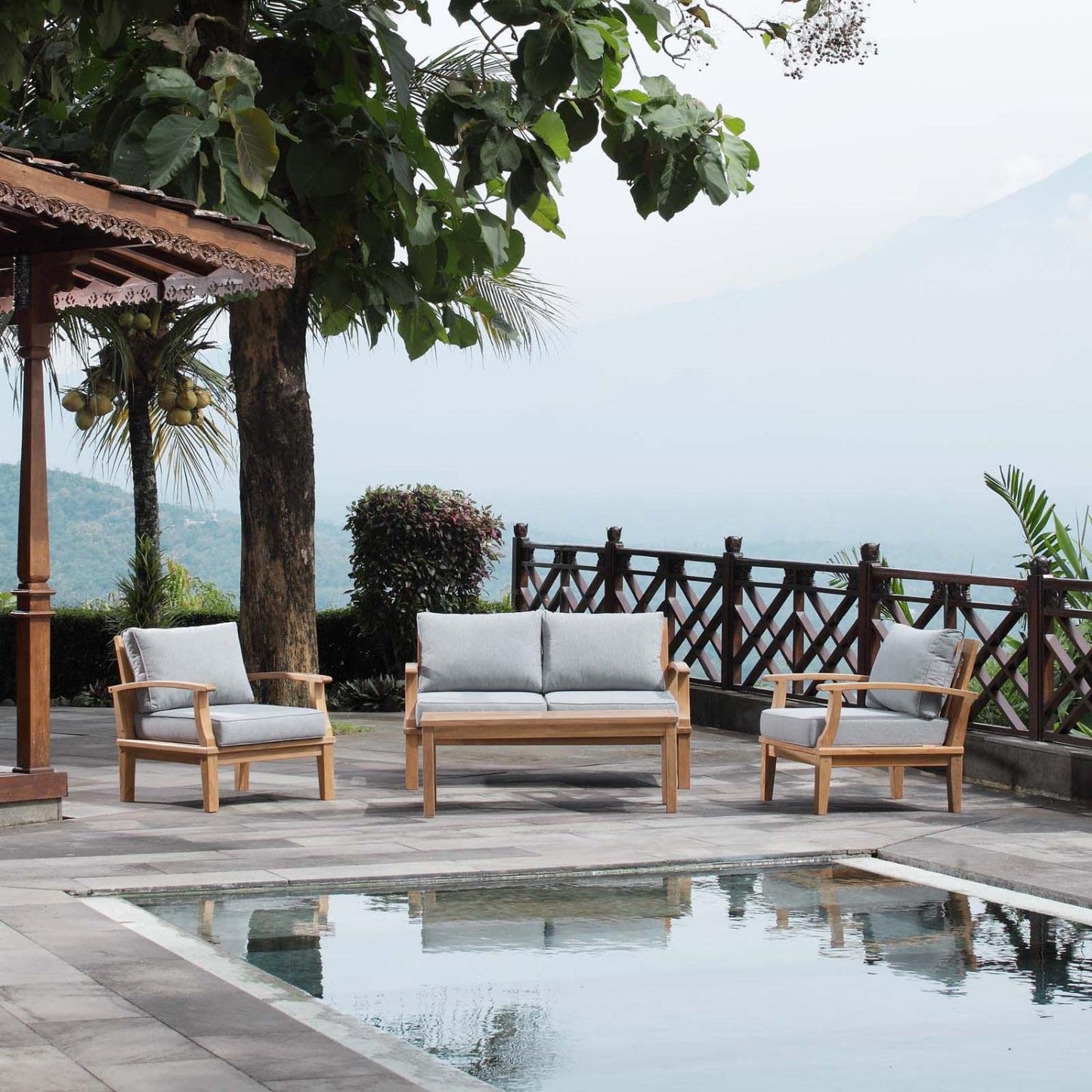 kitchen and dining room sets | CasaFoyer Marina Teak Wood Outdoor Patio Furniture Sofa Sectional Set | Luxury Design | Durable Construction | All-Weather Cushions | Includes Coffee Table, Sofa, and Armchairs | casafoyer.myshopify.com