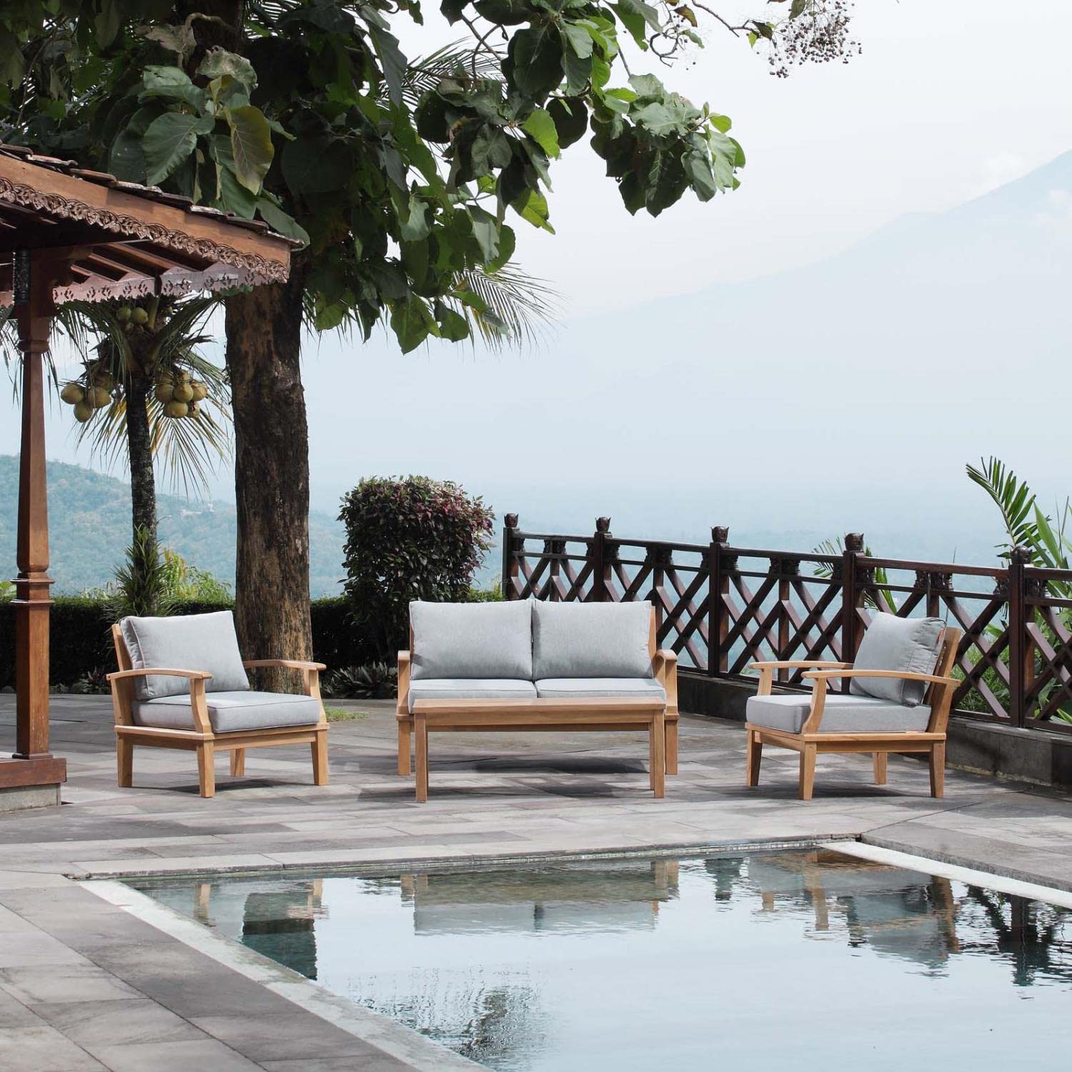 kitchen and dining room sets | CasaFoyer Marina Teak Wood Outdoor Patio Furniture Sofa Sectional Set | Luxury Design | Durable Construction | All-Weather Cushions | Includes Coffee Table, Sofa, and Armchairs | casafoyer.myshopify.com