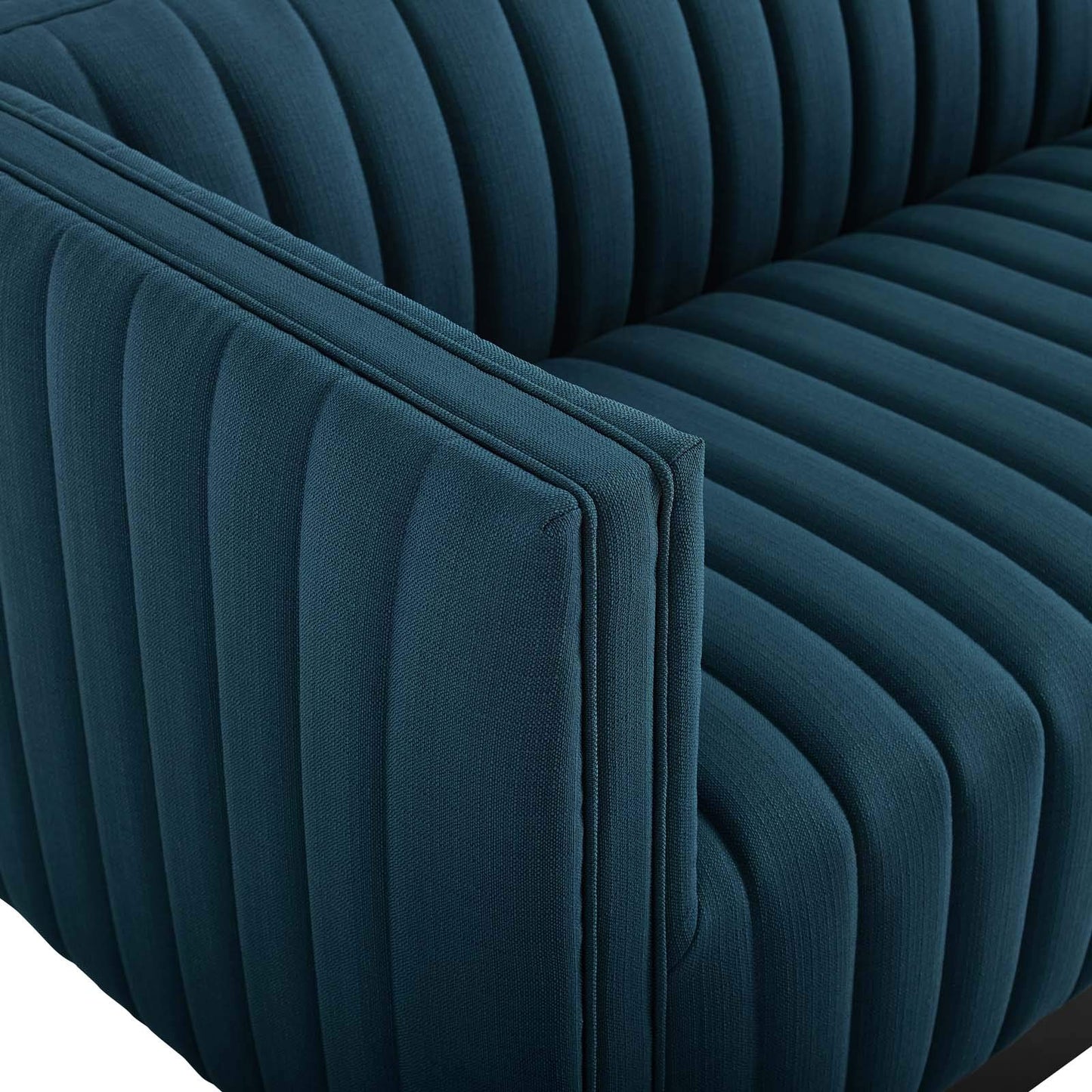 sofas | CasaFoyer Magnetic Cachet | Conjure Channel Tufted Fabric Sofa | Luxurious Glam Deco Style | Retro Modern Charm | Premium Seating | Matte Black Wooden Base | casafoyer.myshopify.com