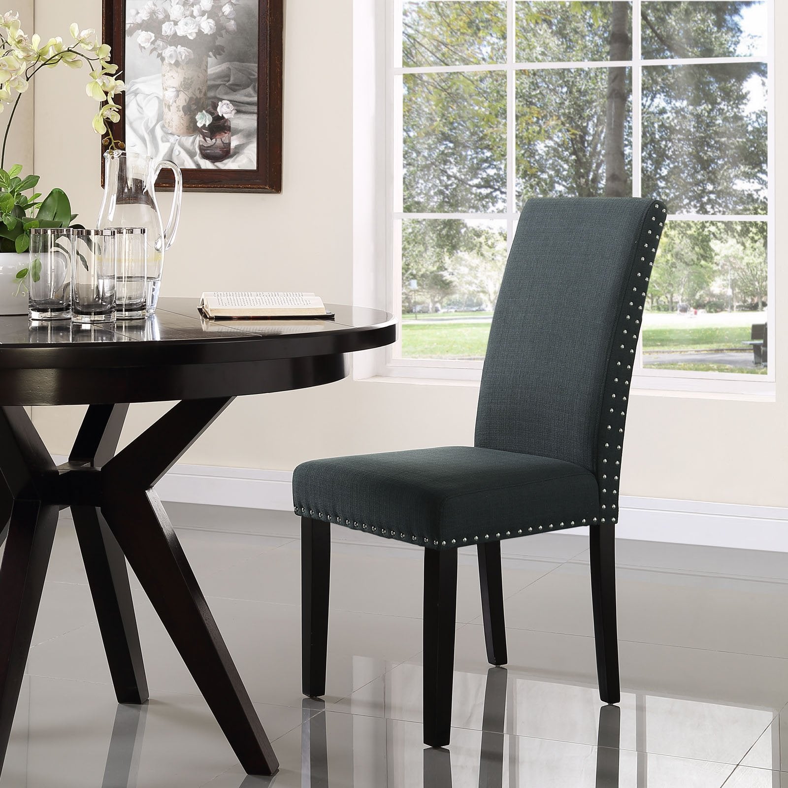 Dining Table | Parcel Upholstered Fabric Dining Room Side Chair | Elegant Nailhead Trim | Soft & Durable Polyester | Espresso Stained Tapered Wood Legs | Suitable for Dining, Living, Lounge, Office | 285 lbs Capacity | casafoyer.myshopify.com