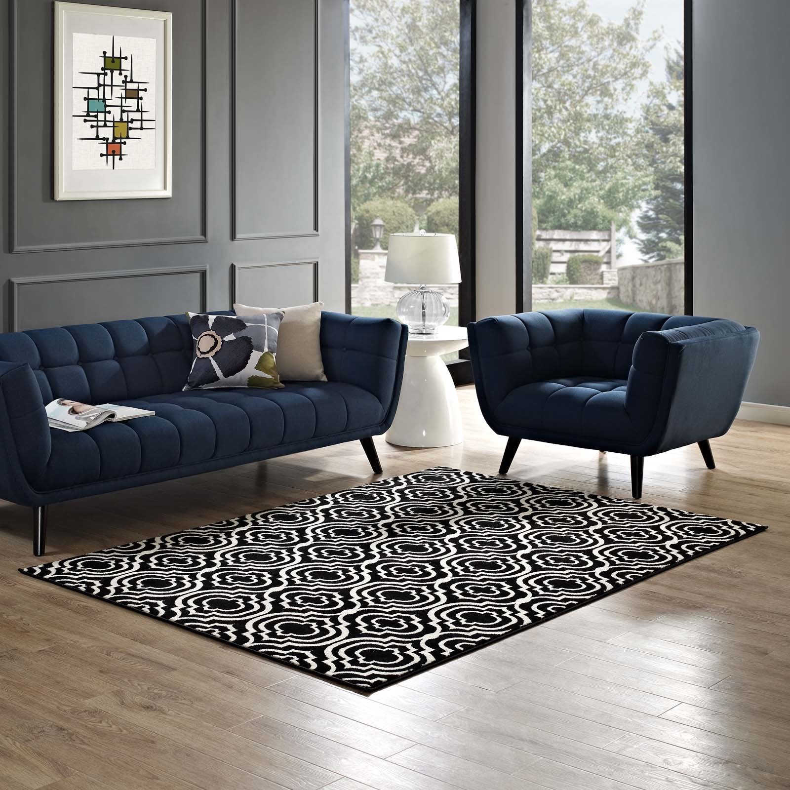 Carpet & Rugs | CasaFoyer Frame Transitional Moroccan Trellis Area Rug | Durable Polypropylene | Rubber Bottom | Geometric Lattice Pattern | Stain Resistant | Easy to Clean | 5x8 Size | Black and White | casafoyer.myshopify.com