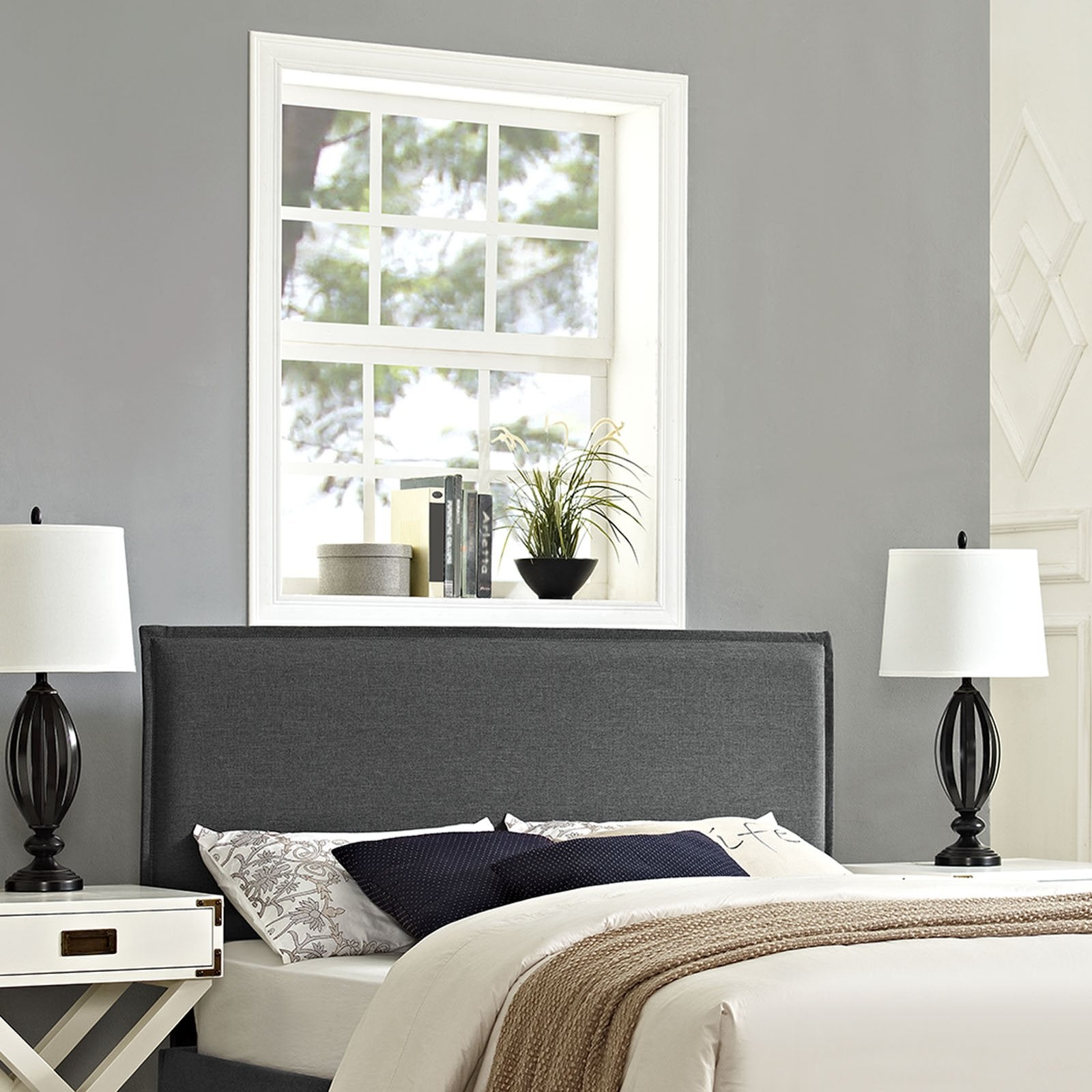 Bed | CasaFoyer  Camille Fabric Upholstered Full Headboard | French Seam Upholstery | Soft Linen Fabric | Solid Wood Frame | Adjustable Legs | Dense Foam Padding | Suitable for Full Beds | Gray | casafoyer.myshopify.com