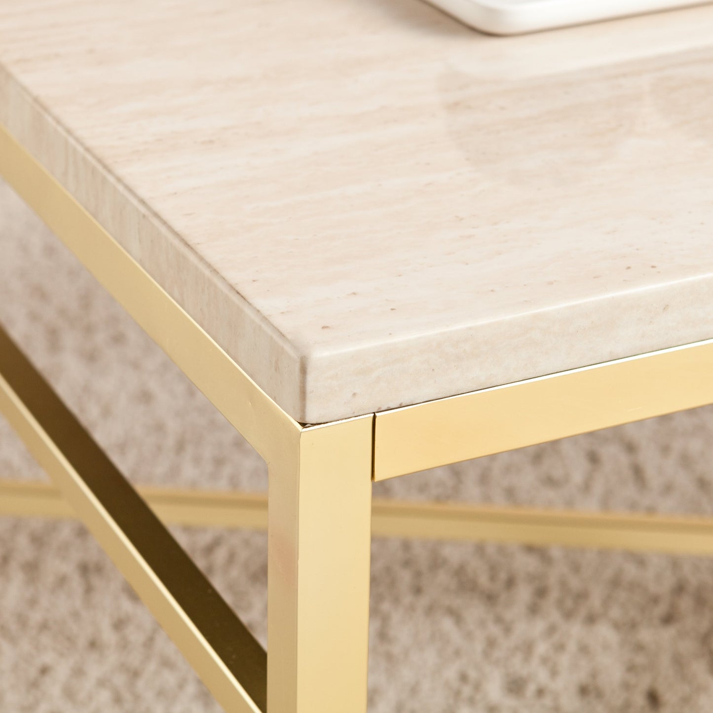 TABLE | Sophisticated Stone-Style Cocktail Table | Matte Brass Frame | Polished Travertine Surface | Glamorous & Stylish | Unique Finish Variations | Perfect for Contemporary & Transitional Decor | casafoyer.myshopify.com