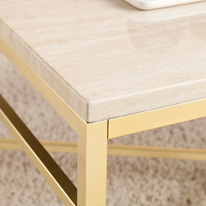 TABLE | Sophisticated Stone-Style Cocktail Table | Matte Brass Frame | Polished Travertine Surface | Glamorous & Stylish | Unique Finish Variations | Perfect for Contemporary & Transitional Decor | casafoyer.myshopify.com