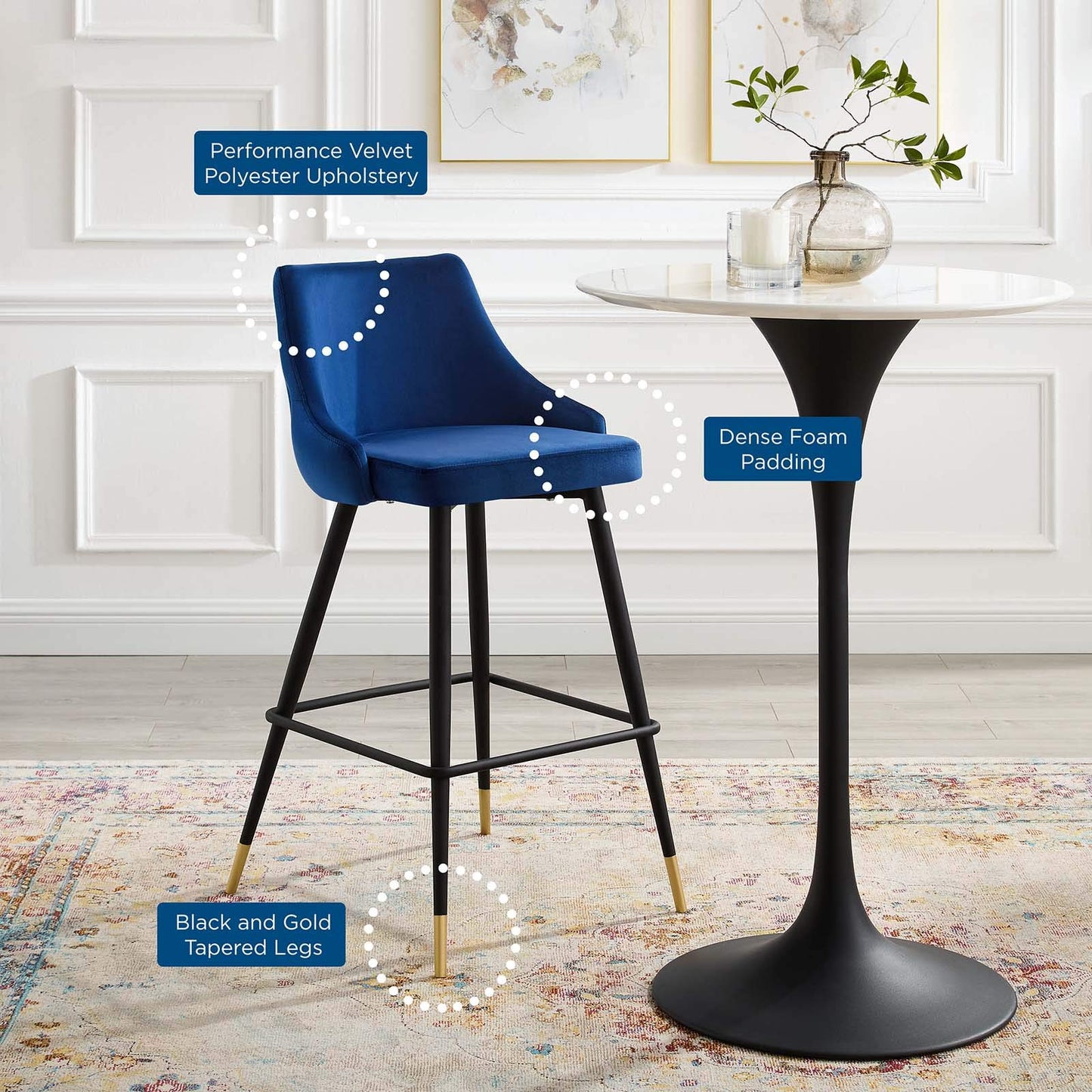 barstools | CasaFoyer Adorn Performance Velvet Bar Stool | Timeless Design | Stain-Resistant | Cozy Seating | Vintage Modern Style | Navy | casafoyer.myshopify.com