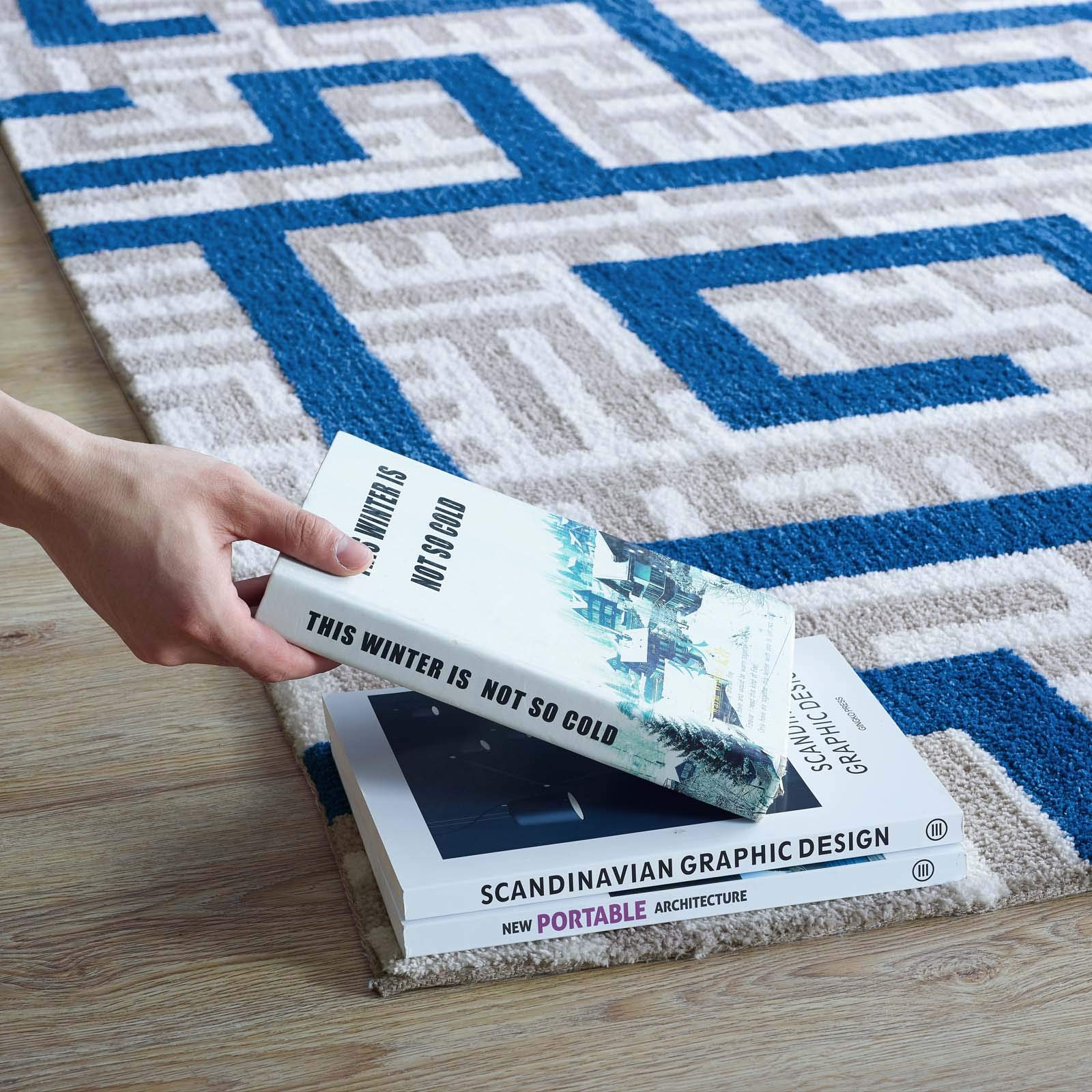 Carpet & Rugs | CasaFoyer Nahia Geometric Maze Area Rug | Modern Design | Soft Polyester Microfiber | Durable Jute Bottom | Stain-Resistant | Non-Shedding | Easy to Maintain | 8x10 | Ivory/Light Gray/Blue | casafoyer.myshopify.com