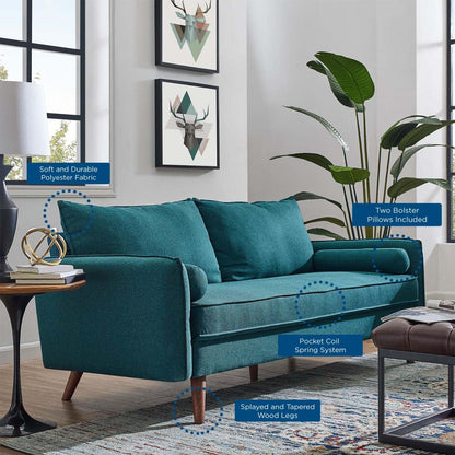 sofas | CasaFoyer Revive Sofa | Cozy Upholstered Fabric | Stylish Design | Bolster Pillows | Splayed Wood Legs | Transform Your Living Space | casafoyer.myshopify.com