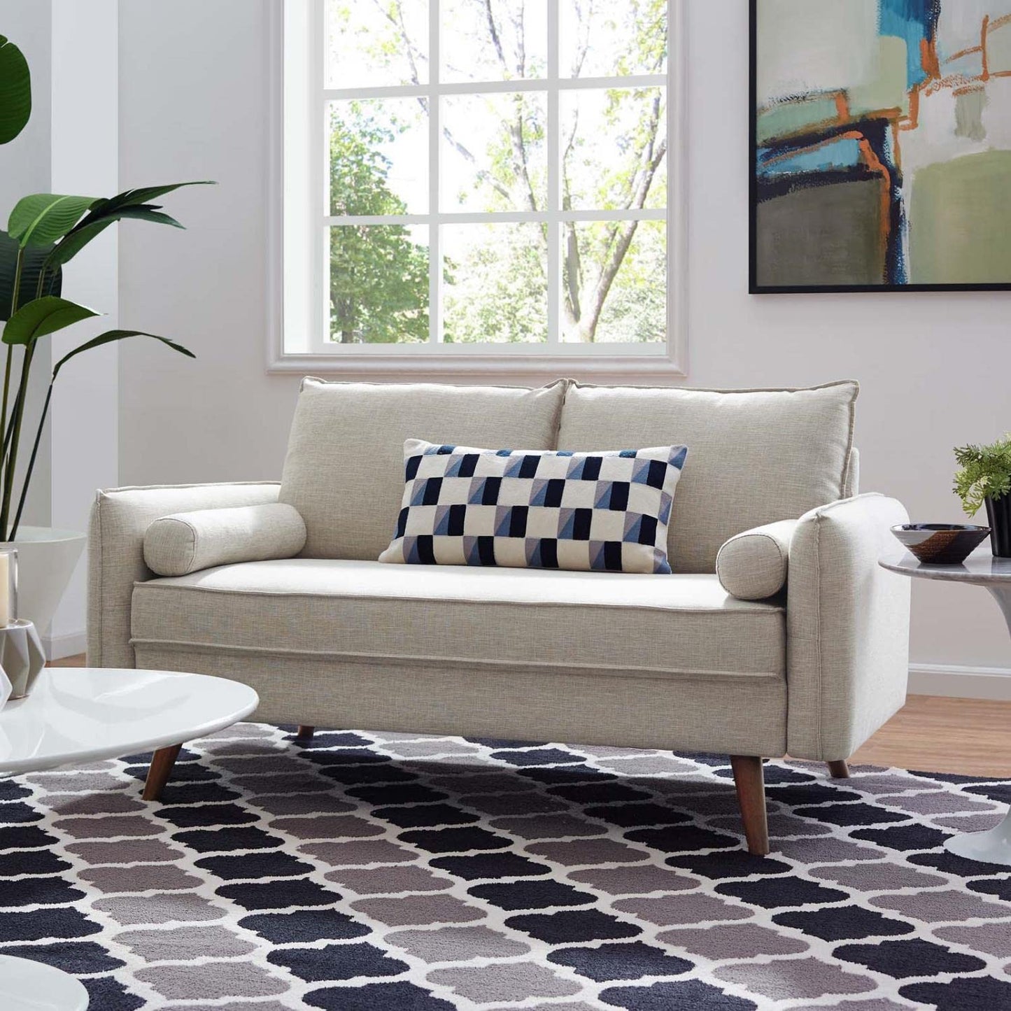 sofas | CasaFoyer Revive Loveseat | Cozy & Refined Design | Soft Fabric Upholstery | Bolster Pillows | Splayed Wood Legs | Perfect for Home or Apartment | casafoyer.myshopify.com