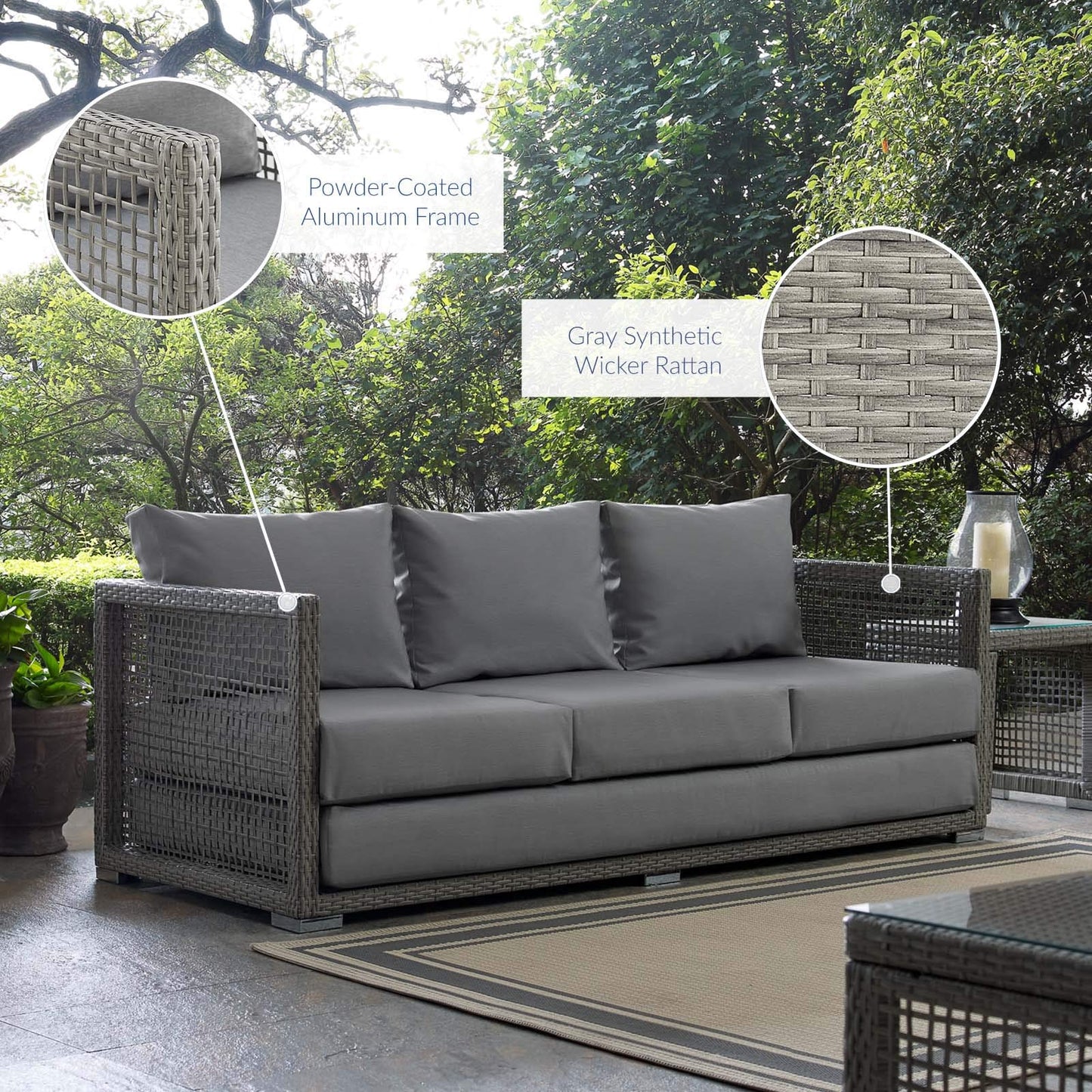 sofas | CasaFoyer Aura Outdoor Patio Sofa | Synthetic Gray Wicker Rattan | Aluminum Frame | All-Weather Cushions | Comfortable & Stylish | Perfect for Outdoor Spaces | casafoyer.myshopify.com