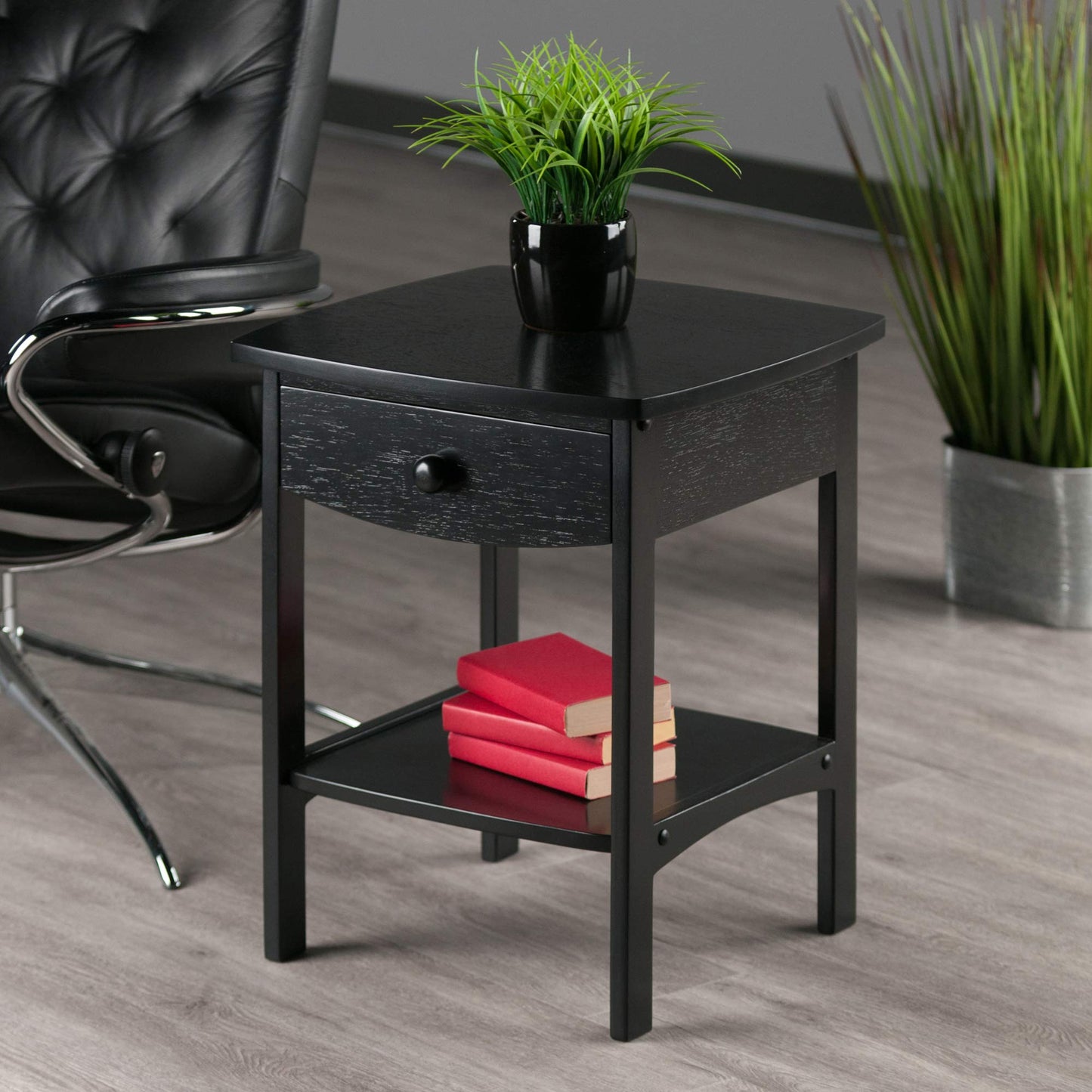 TABLE | Ergode  Claire Curved Nightstand | Timeless Design | Black Finish | Pull-Out Drawer | Bottom Shelf | Durable Construction | Bedroom Furniture | casafoyer.myshopify.com