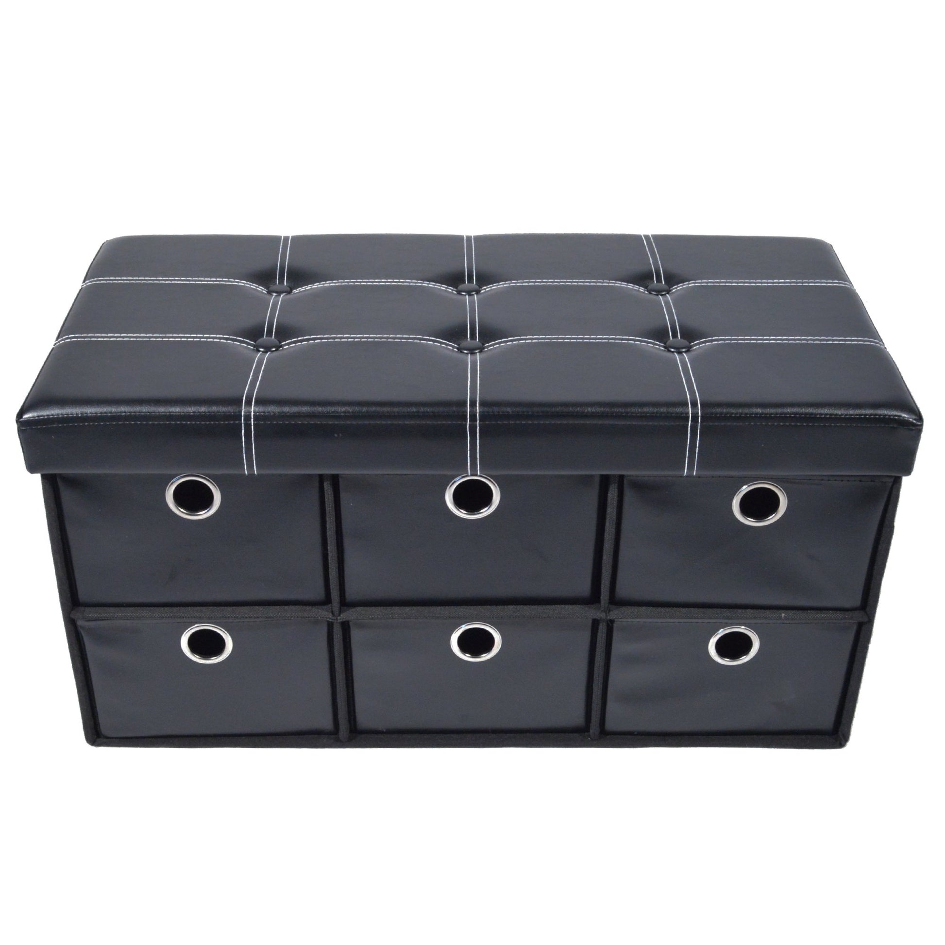 ottomans | CasaFoyer Collapsible 6 Drawer Storage Ottoman | Stylish & Functional Entryway Organizer | Shoe Bench & Footboard Ottoman | Black Faux Leather | 30x15x15 | casafoyer.myshopify.com