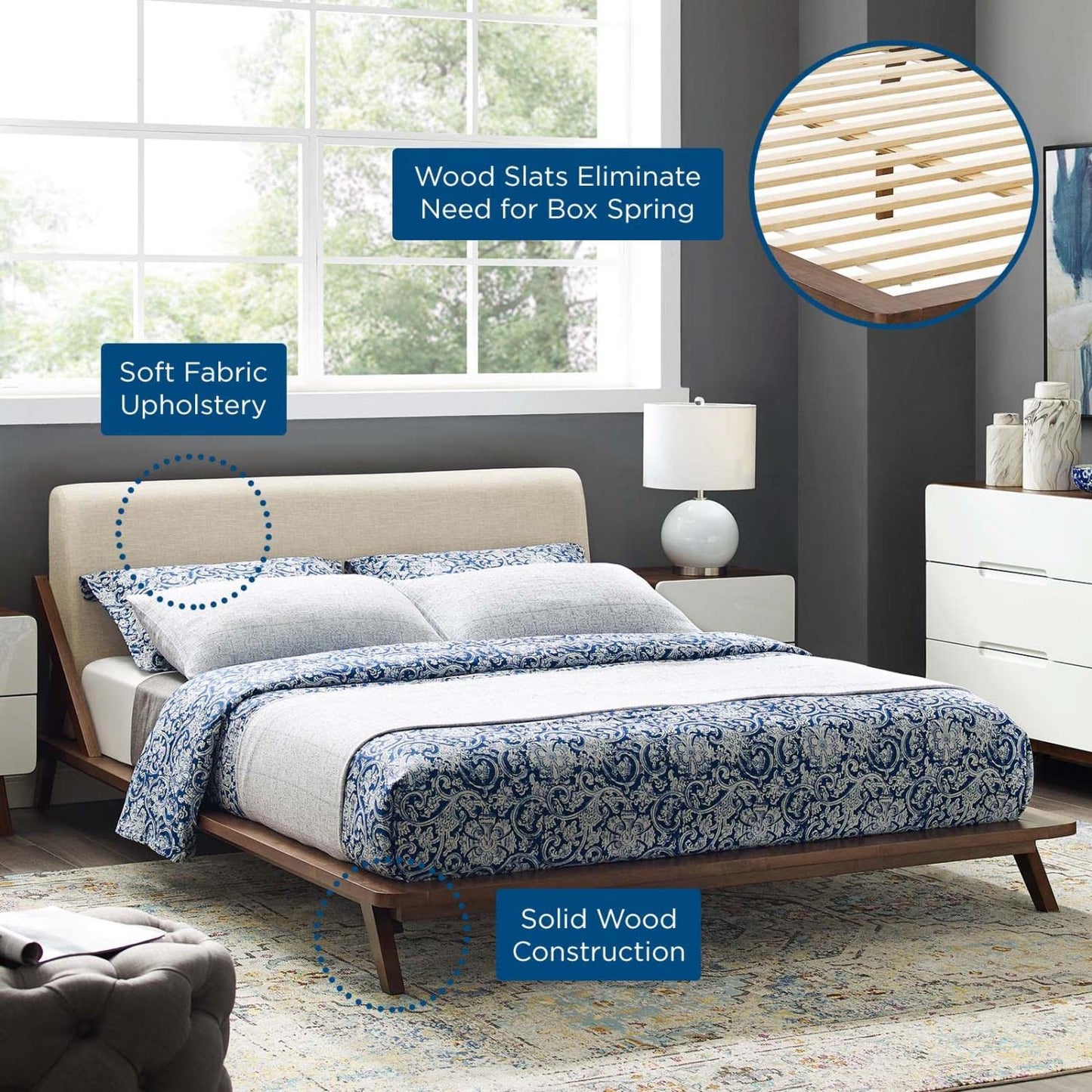 Bed | CasaFoyer Luella Queen Platform Bed | Sled Design | Polyester Upholstered Headboard | Solid Wood Frame | Slatted Support System | Modern Elegance | 800 lbs Weight Capacity | casafoyer.myshopify.com