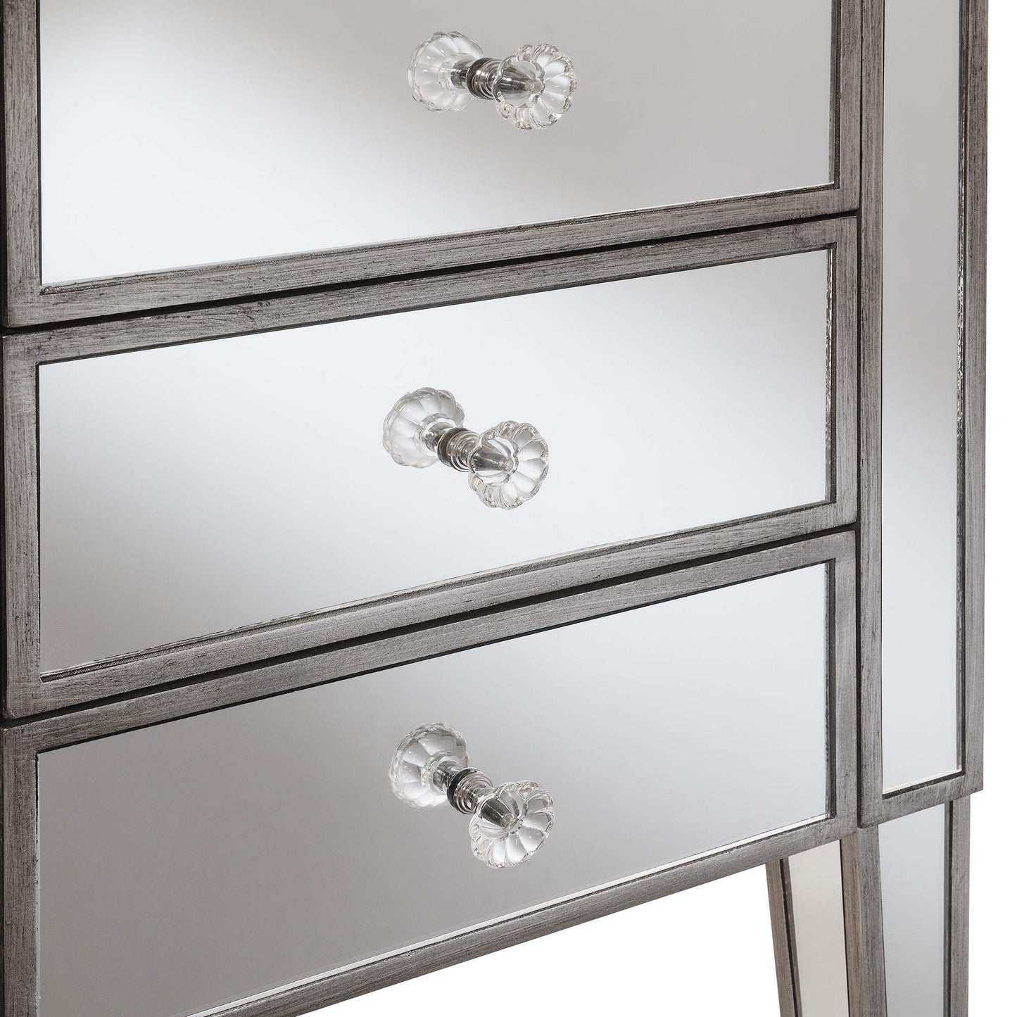 TABLE | Ergode Gold Coast Mirrored 3 Drawer End Table | Elegant Glam Style | Ample Storage Space | Faux Crystal Knobs | MDF Construction | Easy Upkeep | Solid Fir Wood Legs | casafoyer.myshopify.com