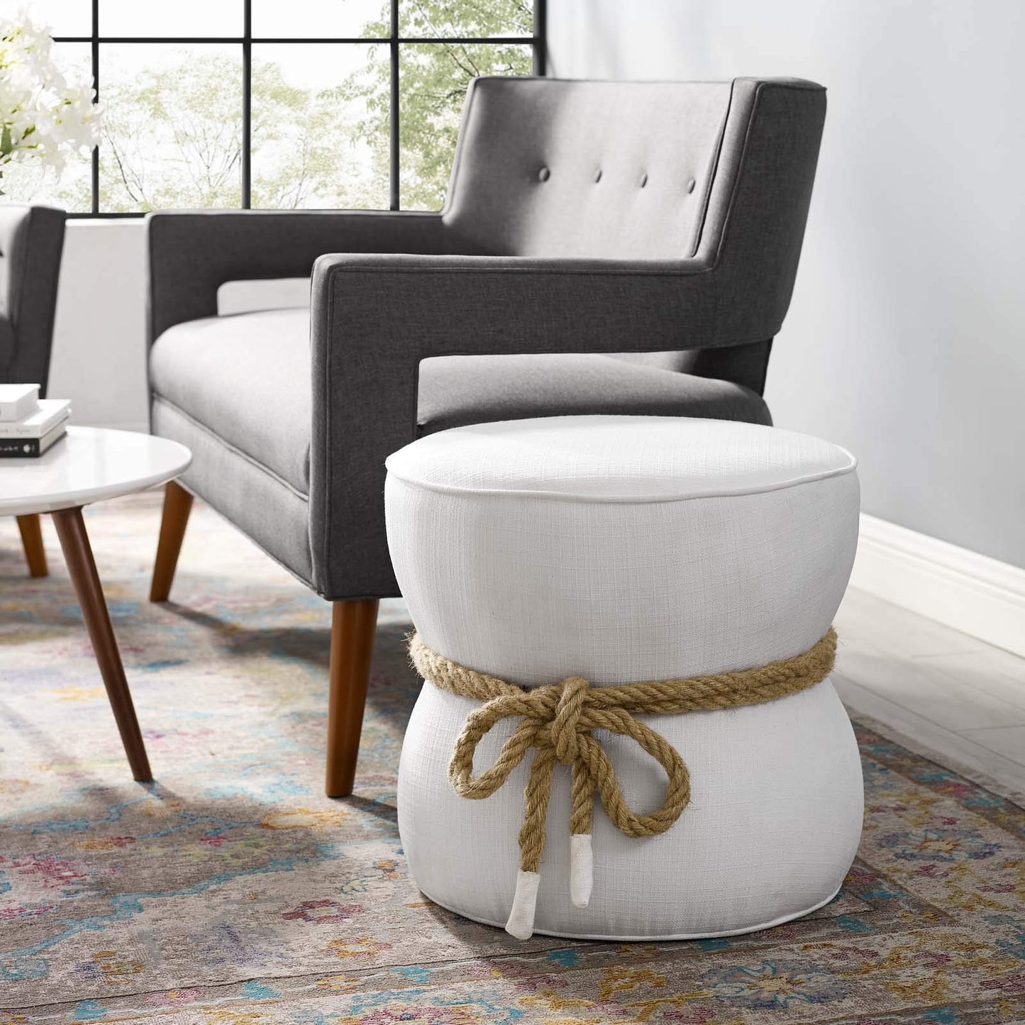 ottomans | CasaFoyer Beat Upholstered Fabric Nautical Rope Ottoman | Vibrant & Energetic Accent Piece | Soft Polyester Fabric, Dense Foam Padding | Hemp Rope with Tassels | Ideal for Modern or Coastal-Style Living Spaces | Extra Seating & Brightness | White Color | casafoyer.myshopify.com