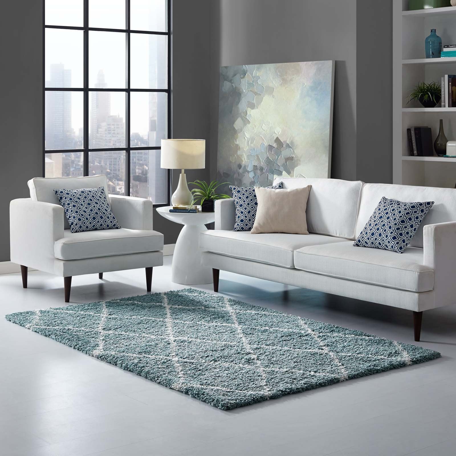 Carpet & Rugs | CasaFoyer Toryn Diamond Trellis Shag Area Rug | Aqua Blue/Ivory | 5x8 ft | Durable Polypropylene | Lattice Pattern | High Pile | Non-Shedding | Easy to Clean | casafoyer.myshopify.com