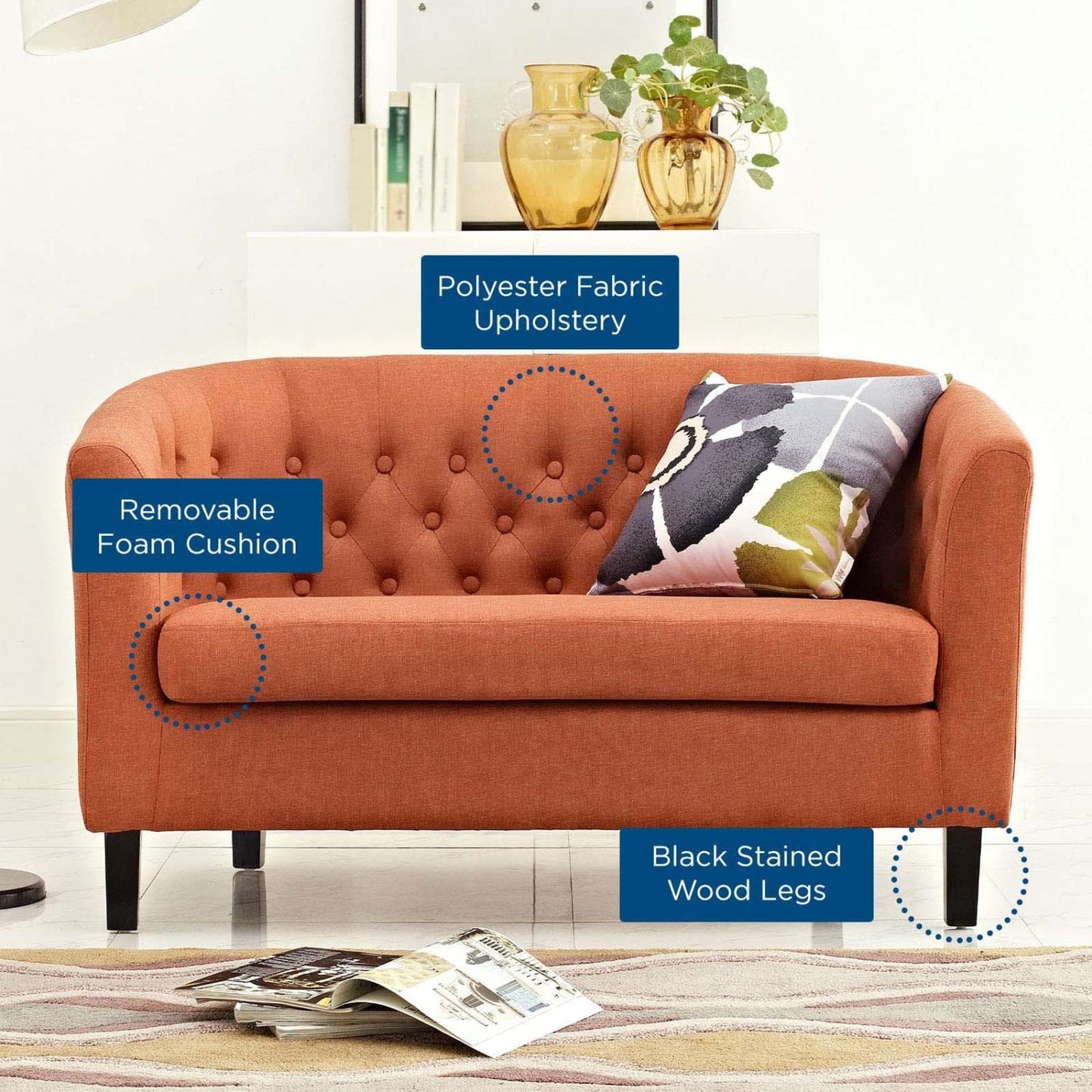 sofas | CasaFoyer Prospect Chesterfield Loveseat | Timeless Luxury | Modern Design | Button Tufting | Espresso Legs | Foam Padding | Polyester Fabric | Orange | casafoyer.myshopify.com