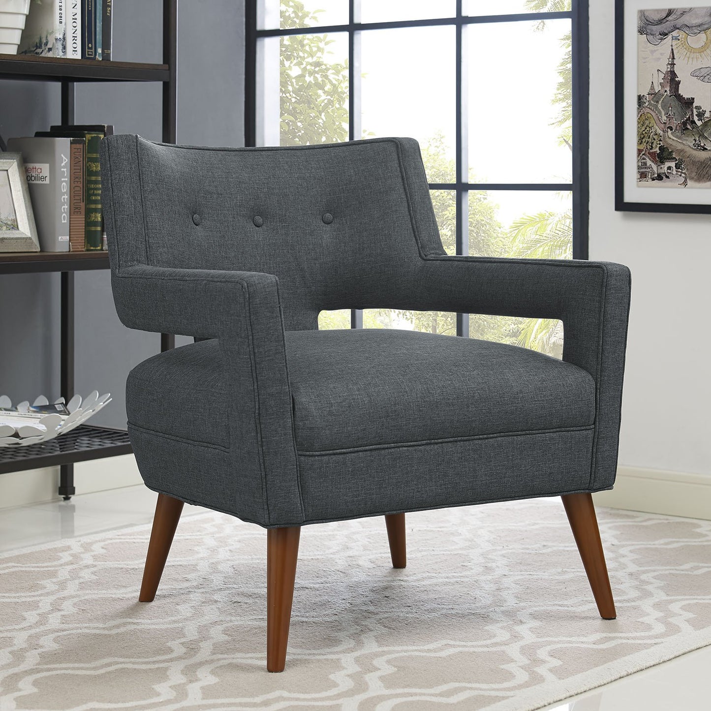 home office desk chairs | CasaFoyer Sheer Mid-Century Modern Armchair | Soft Polyester Upholstery | Streamlined Profile | Button Tufting | Cherry-Stained Wood Legs | Gray | casafoyer.myshopify.com