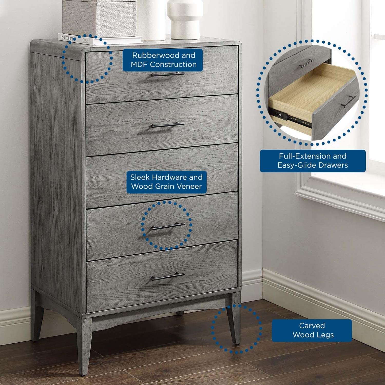 DRESSER | CasaFoyer Georgia Wood 5-Drawer Chest | Rustic Farmhouse Style | Solid Rubberwood | Ample Storage | Easy-Glide Drawers | Assembly Required | casafoyer.myshopify.com