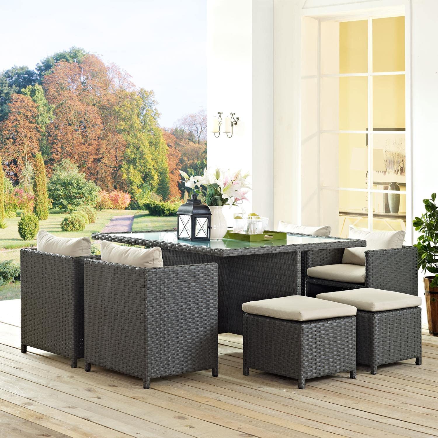 Patio Furniture Sets | Sojourn Outdoor Patio Dining Furniture Set | Sunbrella Cushions | Synthetic Rattan | UV Protection | Aluminum Frame | 9 Piece | casafoyer.myshopify.com